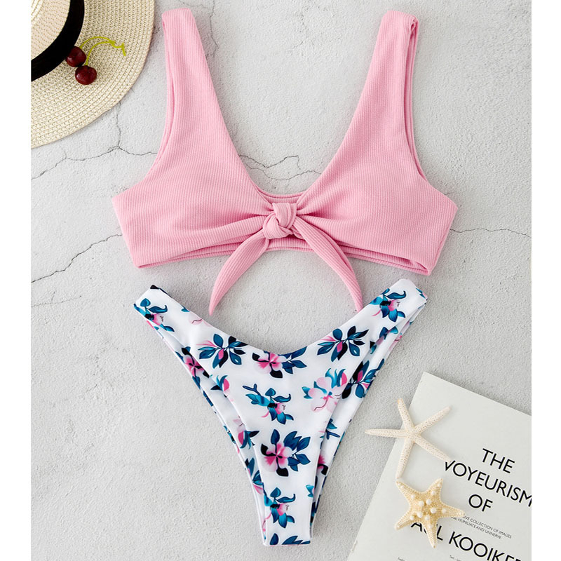 Floral Beach Split Bikini Swimsuit - Pink, L