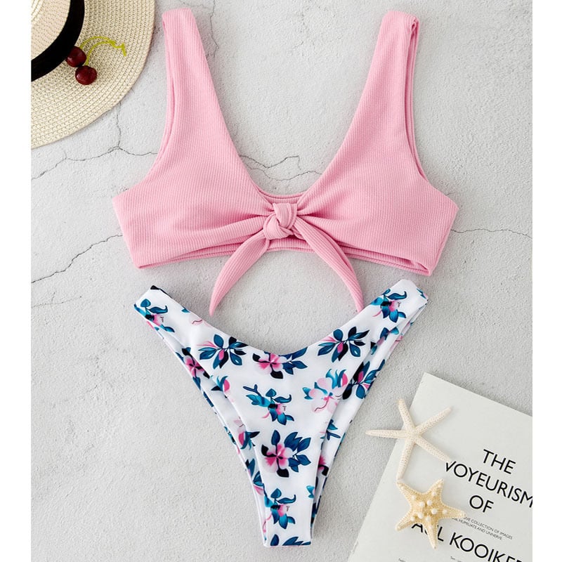 Floral Beach Split Bikini Swimsuit - Pink, M