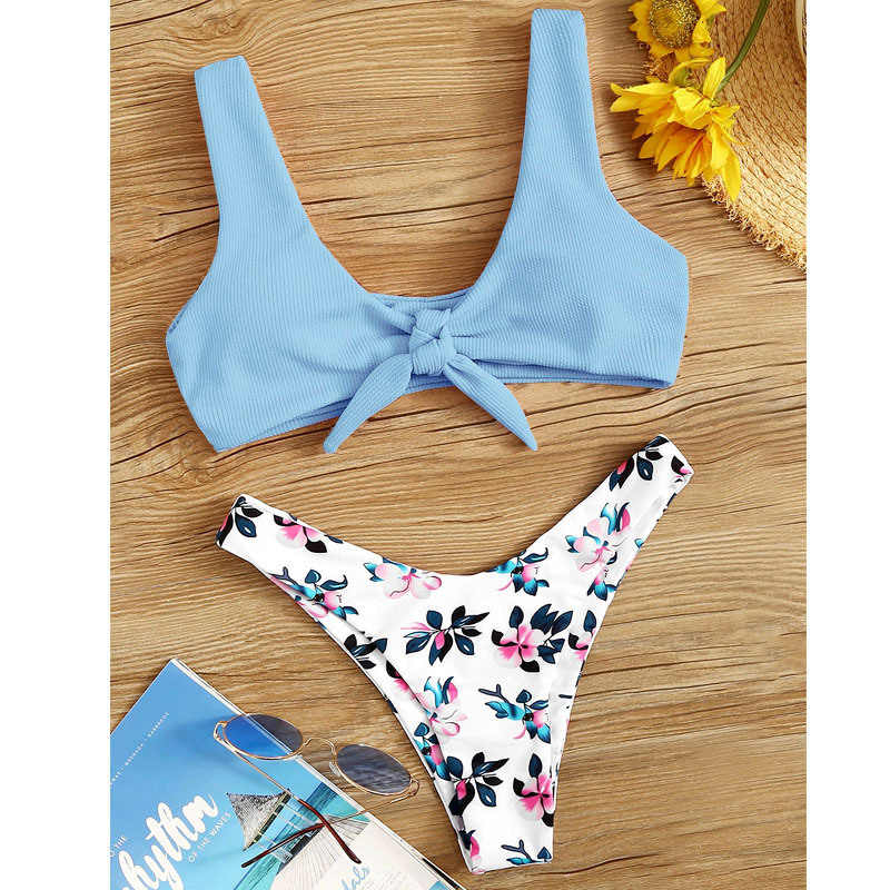 Floral Beach Split Bikini Swimsuit - Blue, M