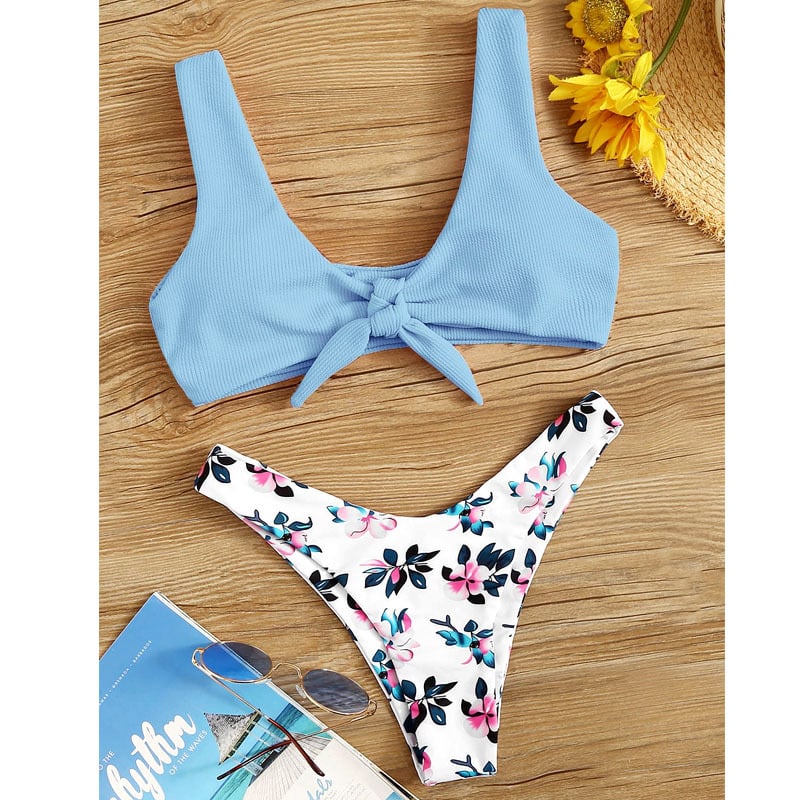 Floral Beach Split Bikini Swimsuit - Blue, L