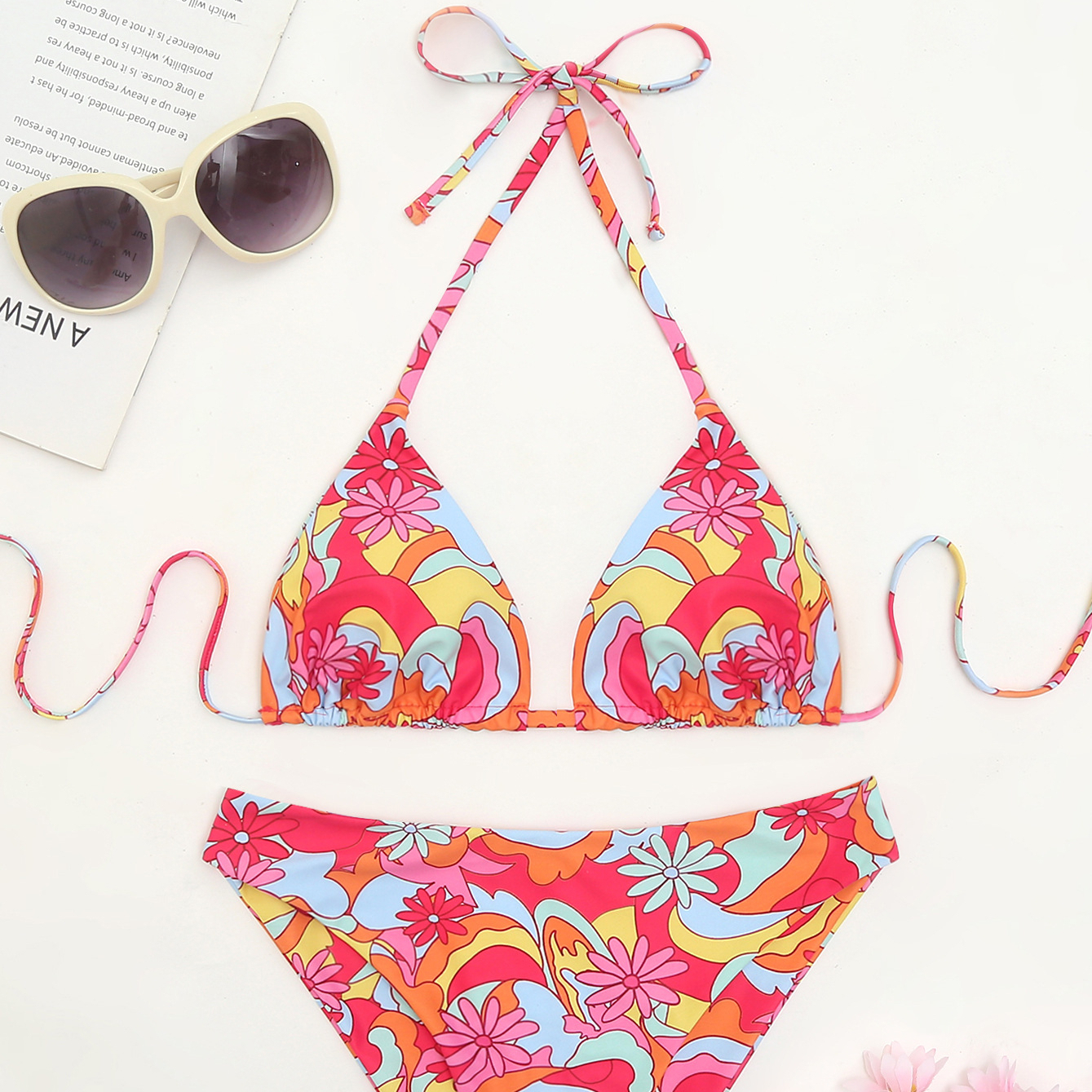 Floral & Tropical Ruffle Halter Bikini Swimsuit - L