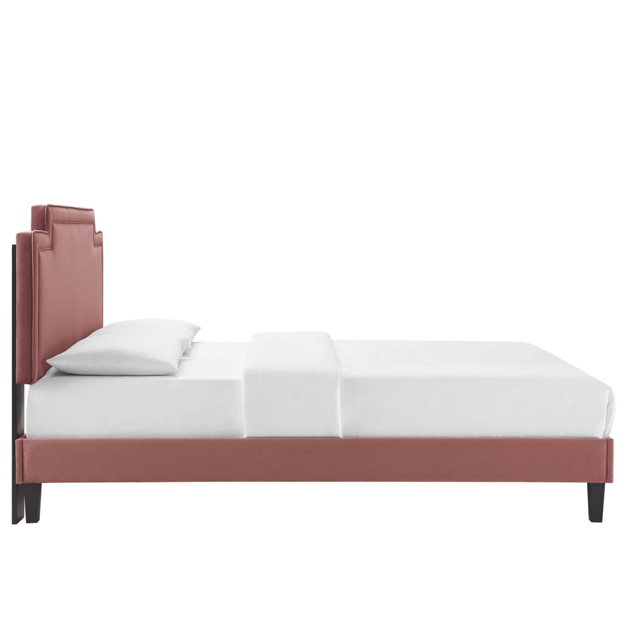 Twin Bed, Brown Wood Legs, Dusty Pink Velvet