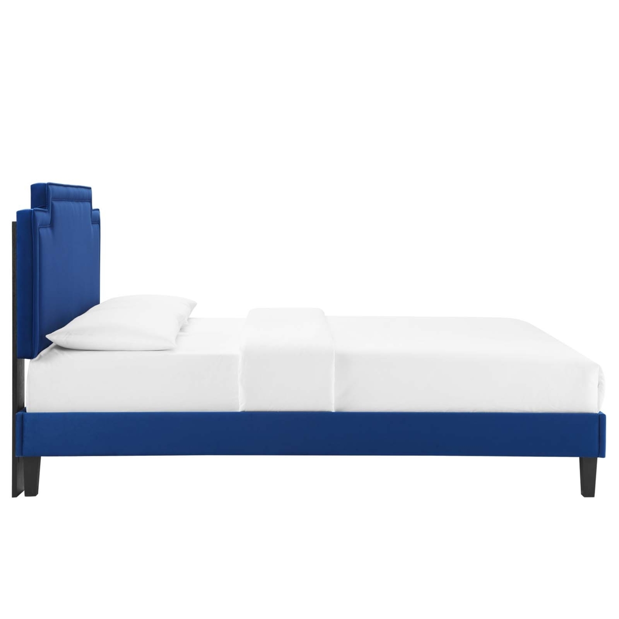 Twin Bed, Brown Wood Legs, Navy Blue Velvet
