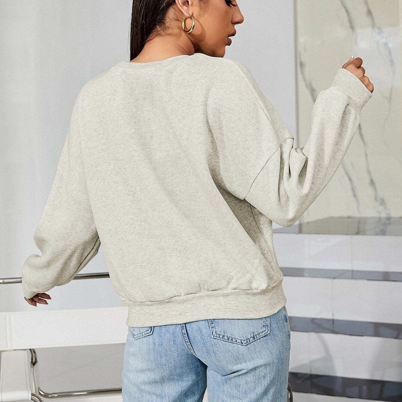 Letter Embroidery Marled Knit Drop Shoulder Pullover - S