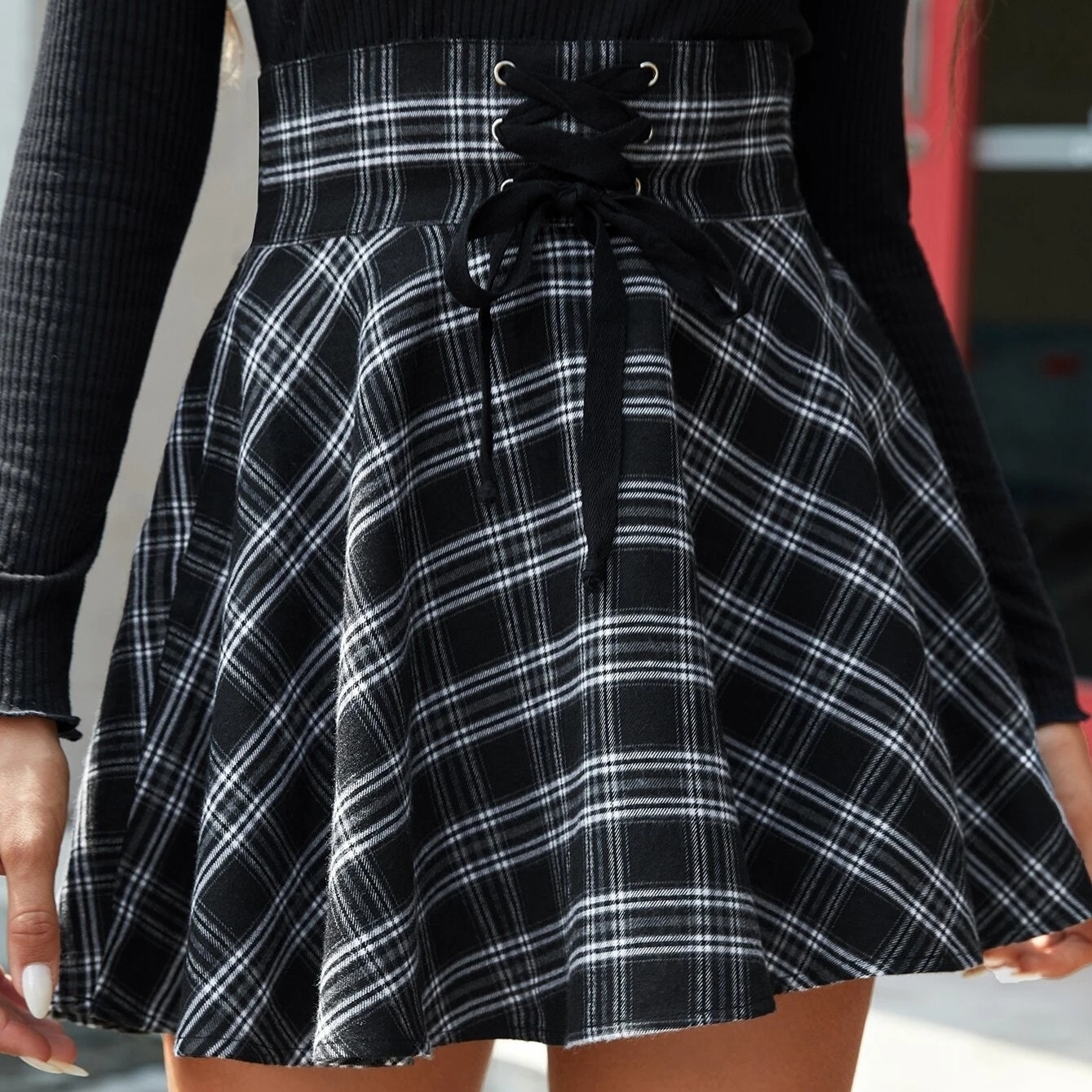 Tartan Print Lace Up Front Flared Skirt - L