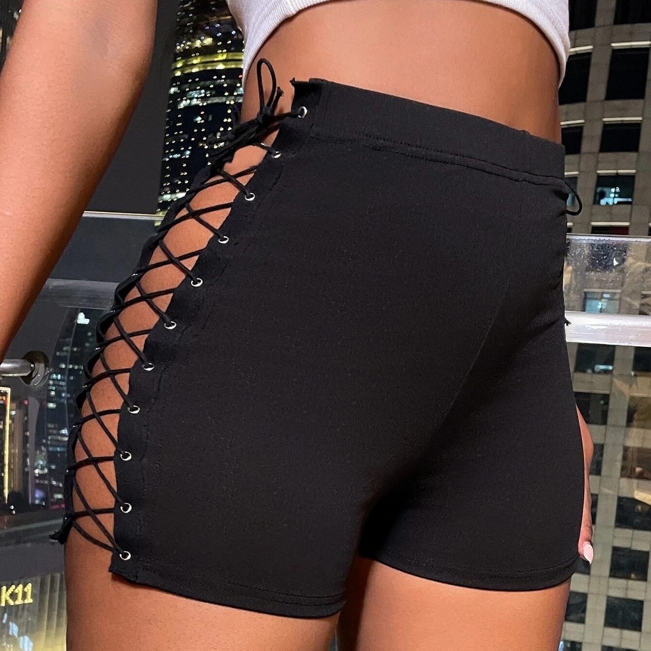 Lace Up Side Skinny Shorts - M