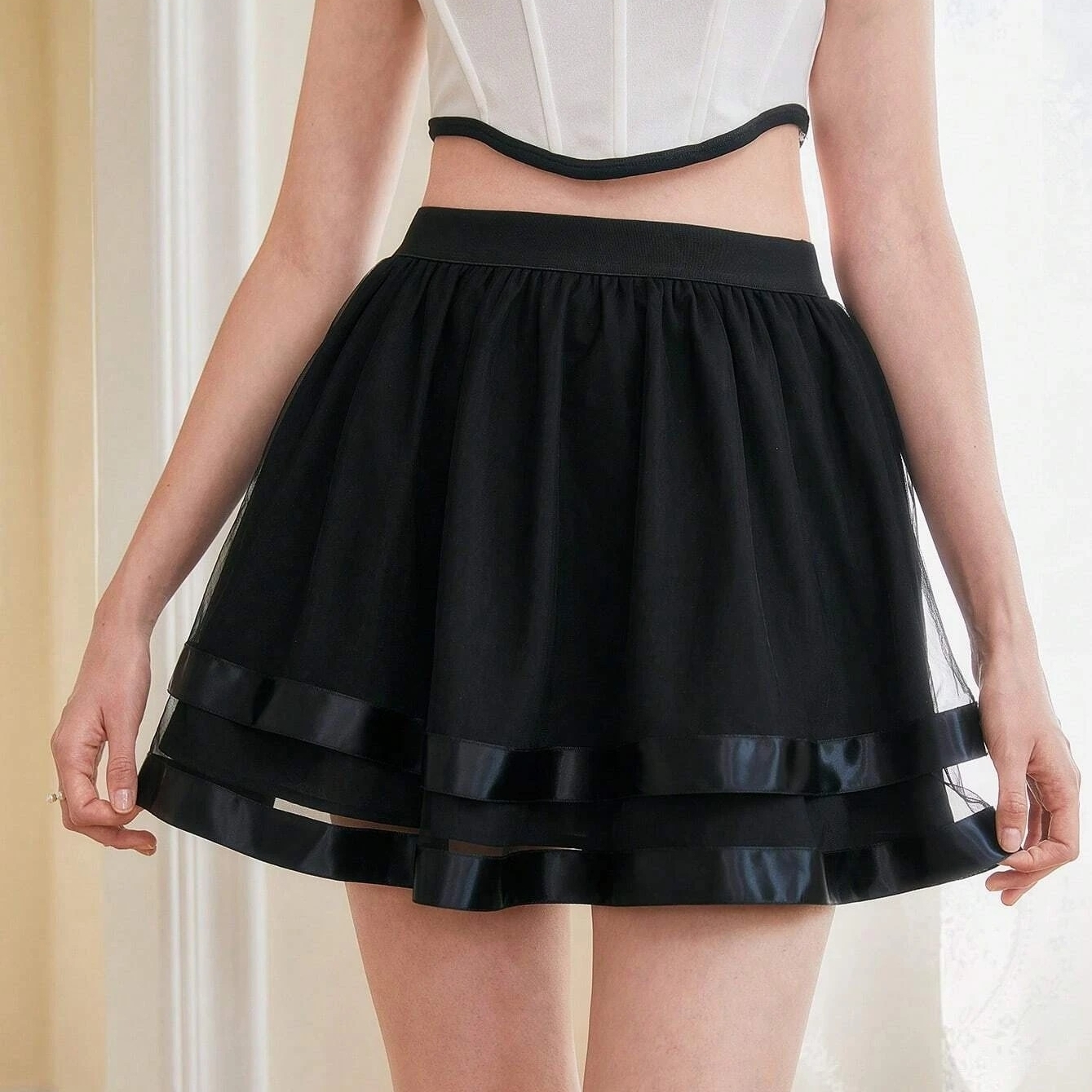 Solid Mesh Overlay Skirt - X-Small