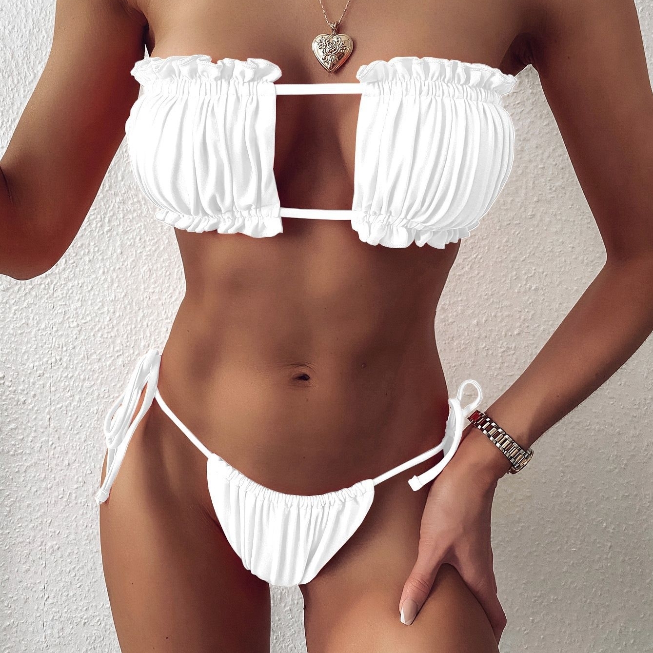 Ruched Bandeau Thong Bikini Swimsuit - White, L