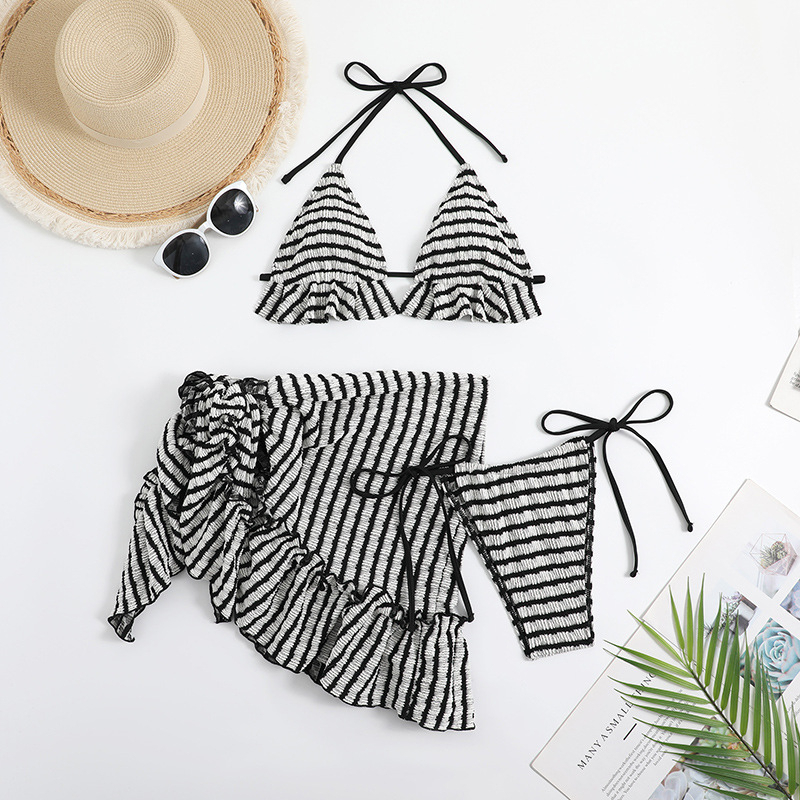 Lace Up Allover Print 3-piece Swimwear Set Bikini Swimsuit - Black, M