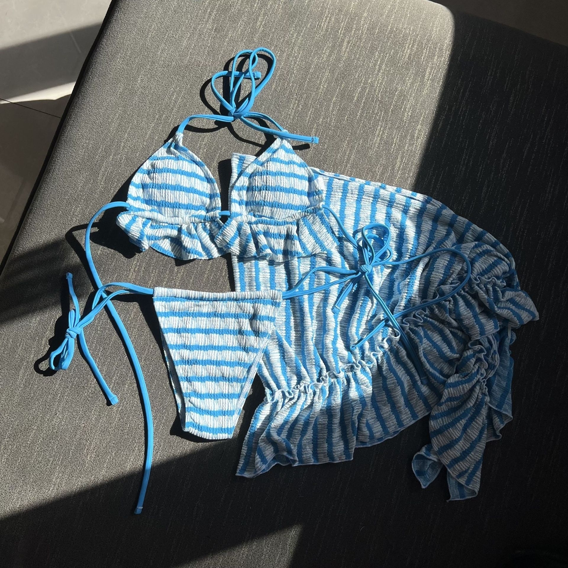 Lace Up Allover Print 3-piece Swimwear Set Bikini Swimsuit - Blue, L