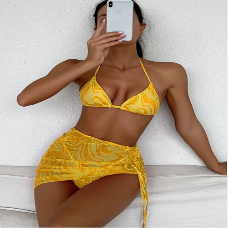 Allover Print Split Swimsuit Three-piece Bikini Set Swimsuit Swimwear - Yellow, Medium