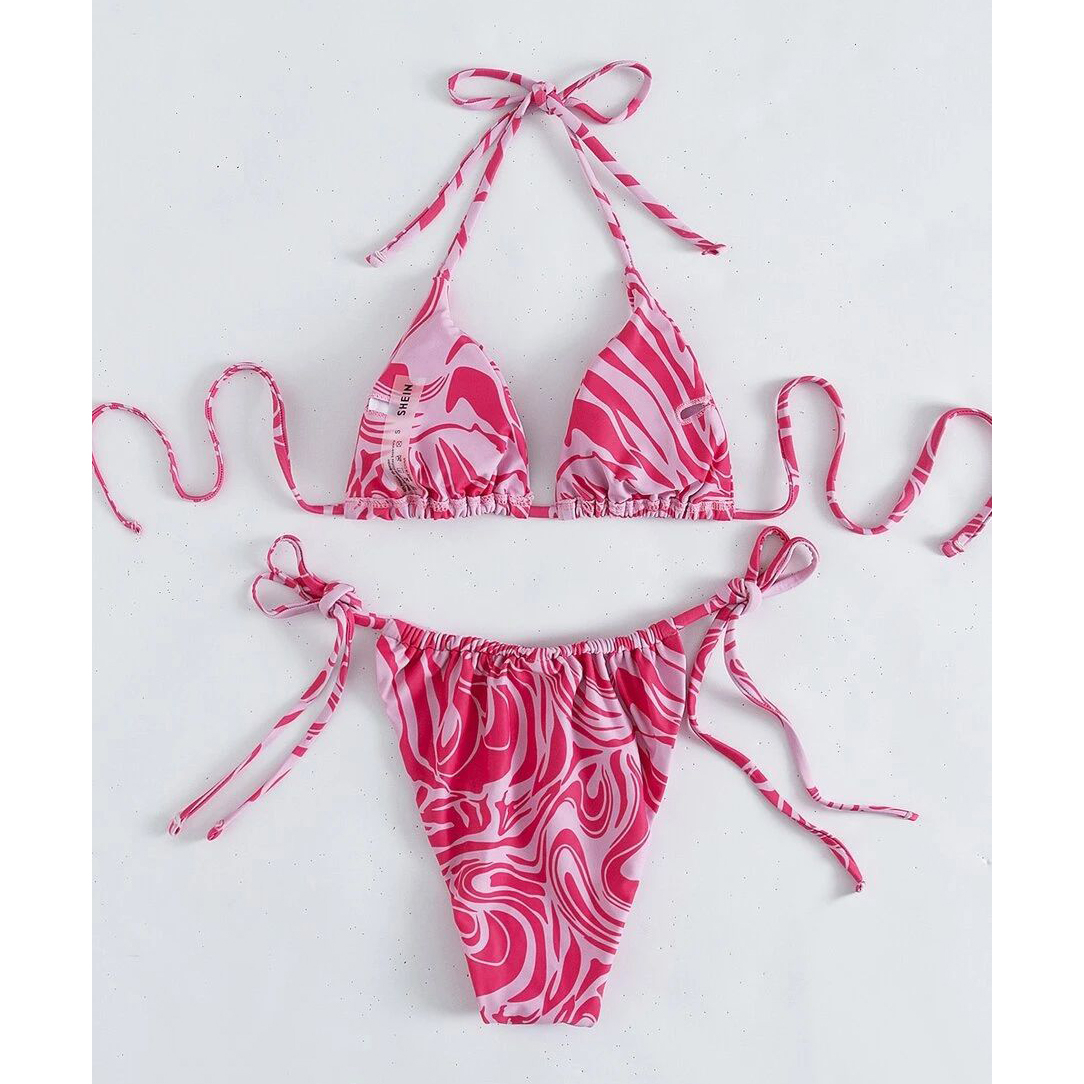Allover Print Split Swimsuit Three-piece Bikini Set Swimsuit Swimwear - Red, Small