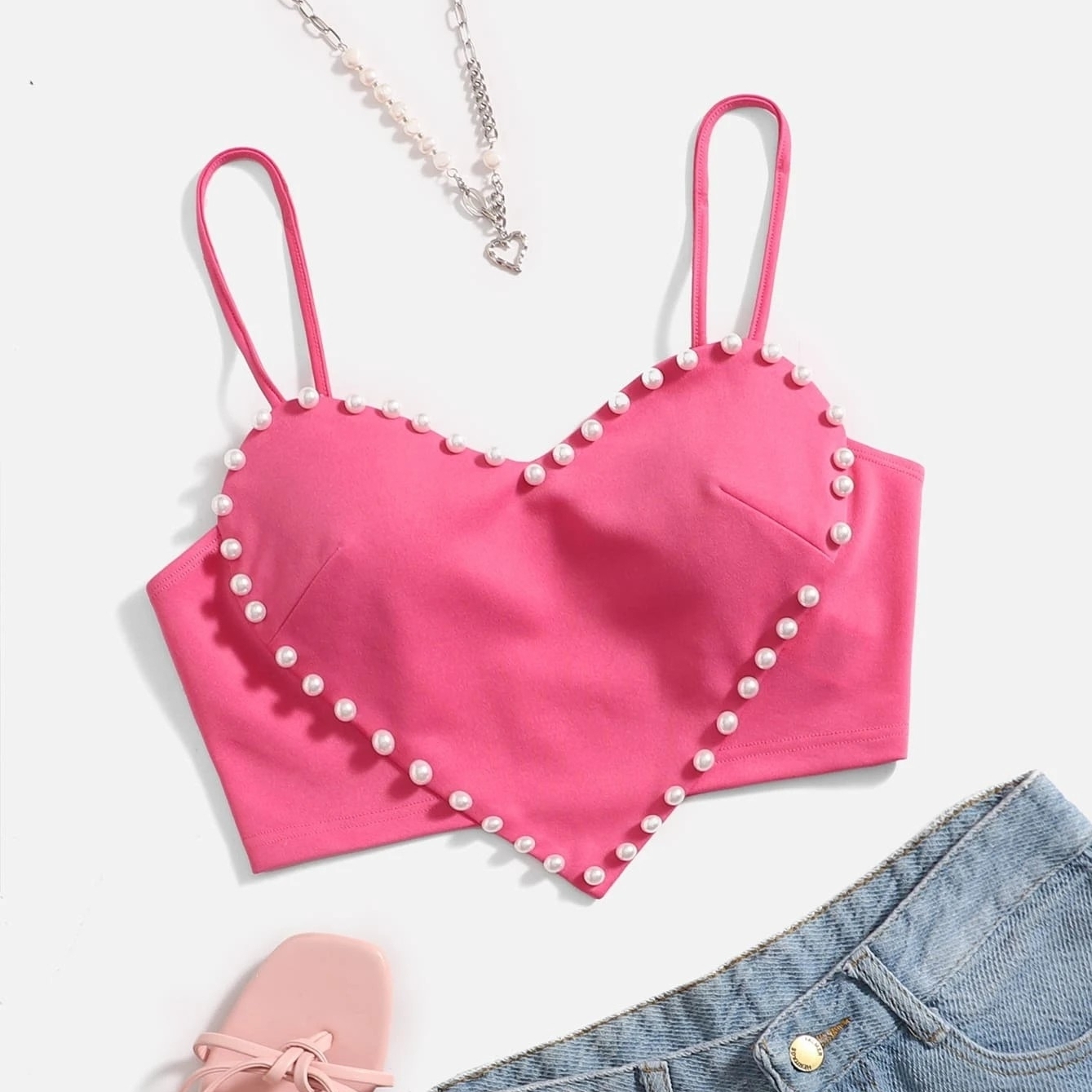 Pearls Trim Asymmetrical Hem Cami Top - Pink, L