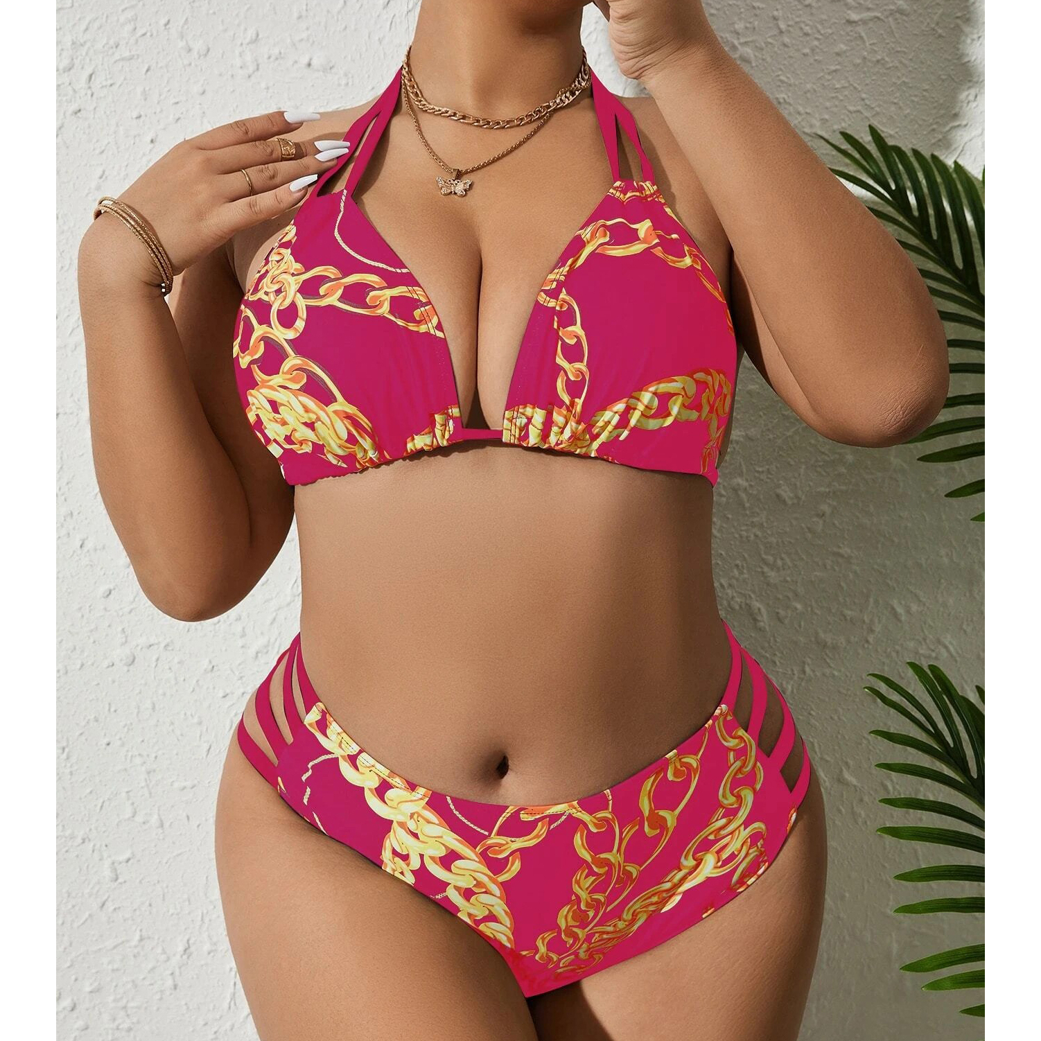 Plus Chain Print Bikini Swimsuit - Pink, 0XL