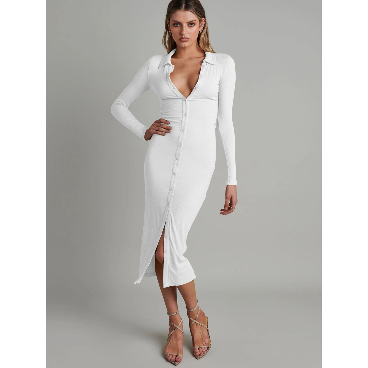 Sexy Fashion Cardigan Long Sleeve Shirt Skirt Women's Long Dress - White, M