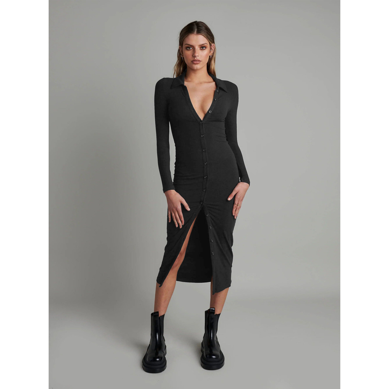 Sexy Fashion Cardigan Long Sleeve Shirt Skirt Women's Long Dress - Black, Xl
