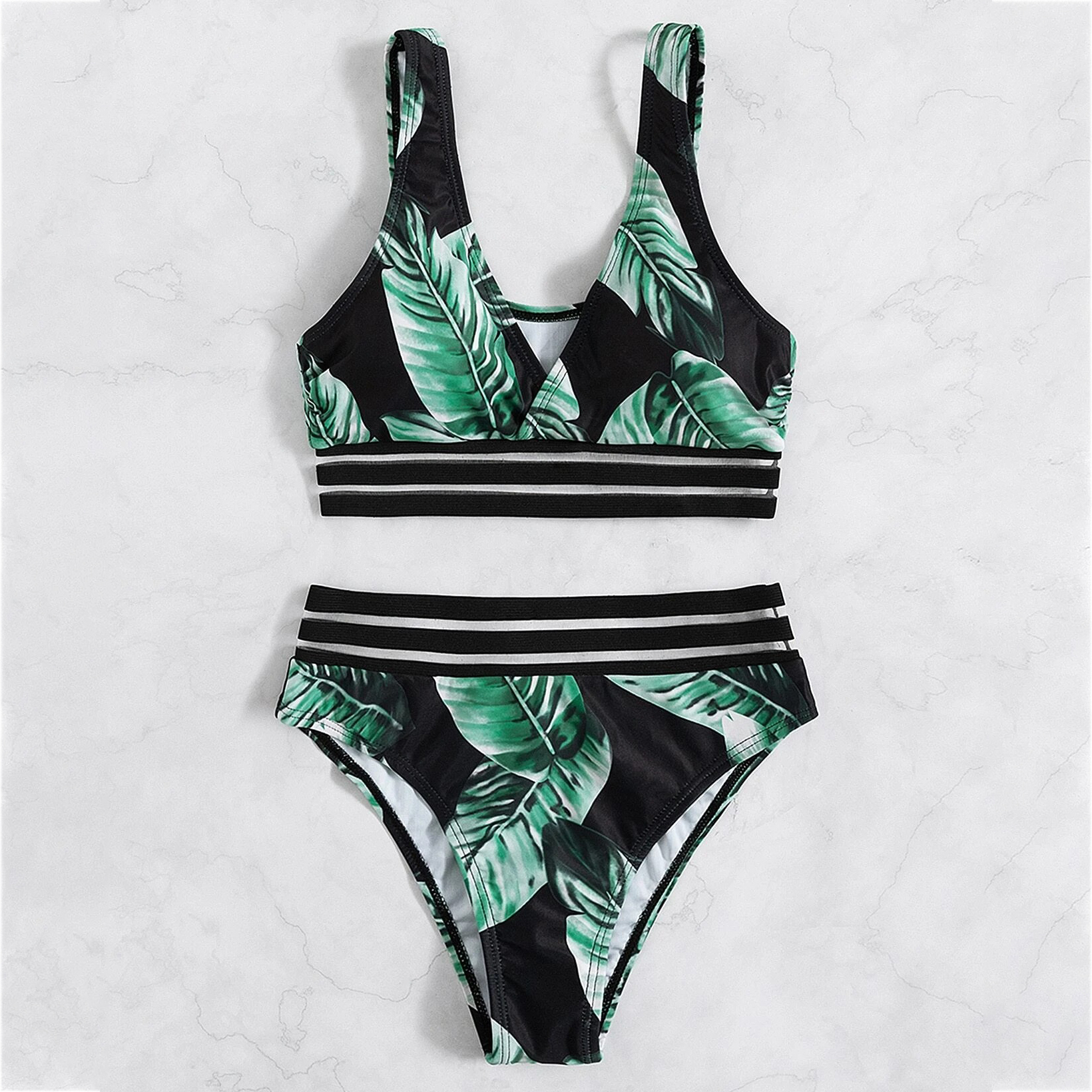 Tropical Print Contrast Mesh Bikini Swimsuit - L