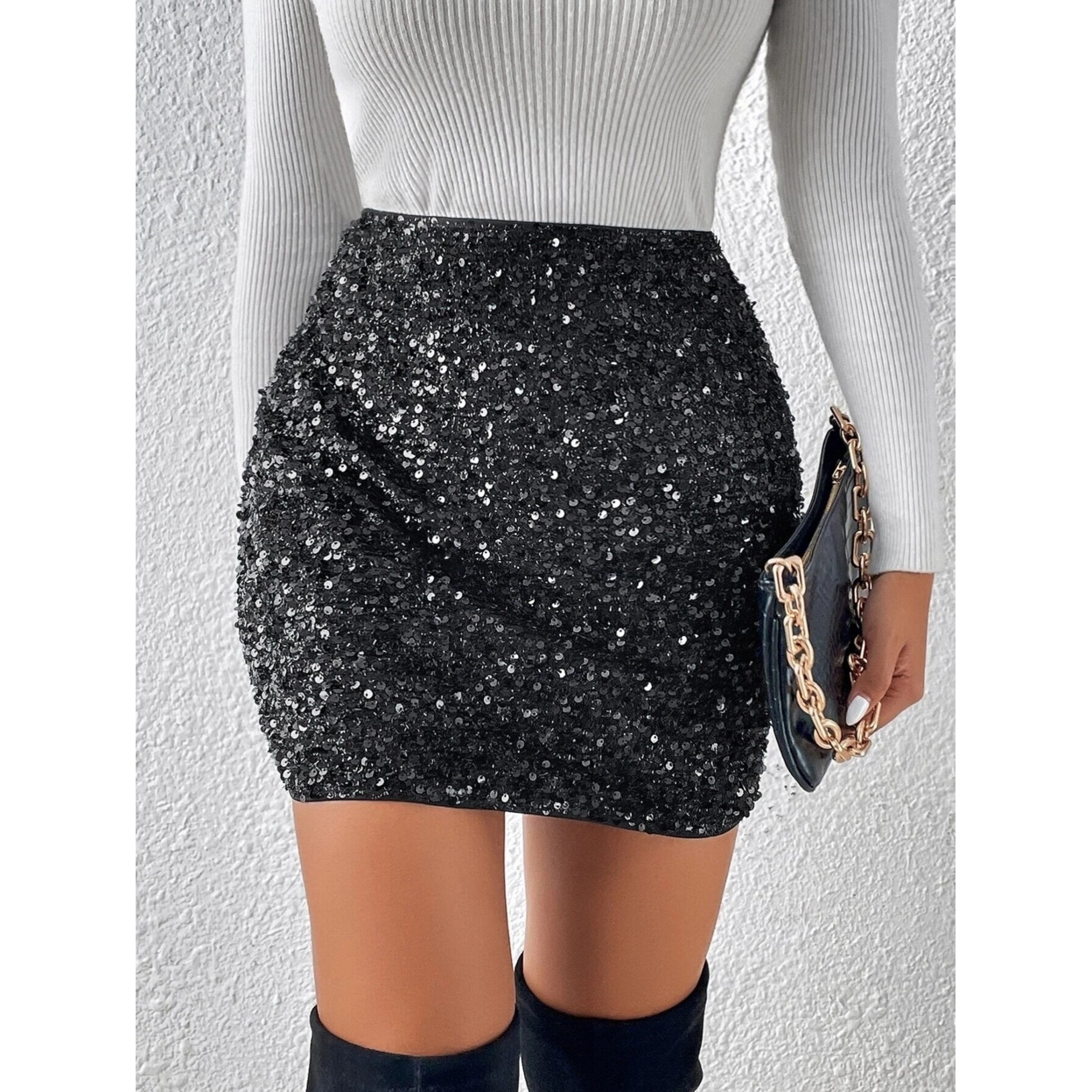 High Waist Sequin Bodycon Skirt - Black, X-Small