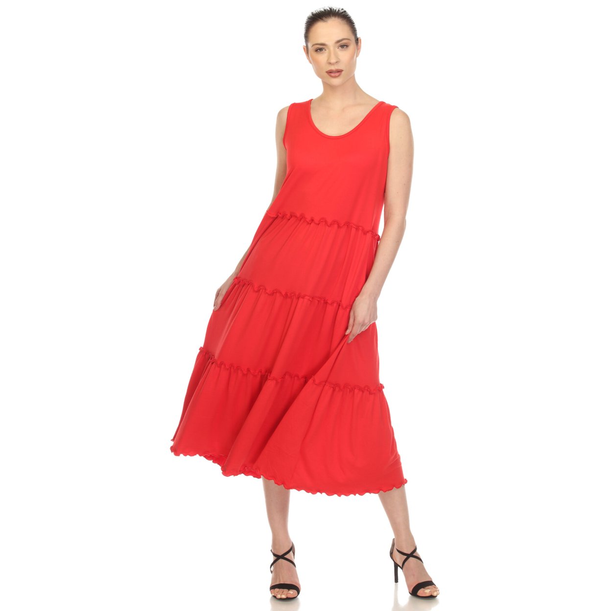 White Mark Women's Scoop Neck Tiered Midi Dress - Ruby Red, Large