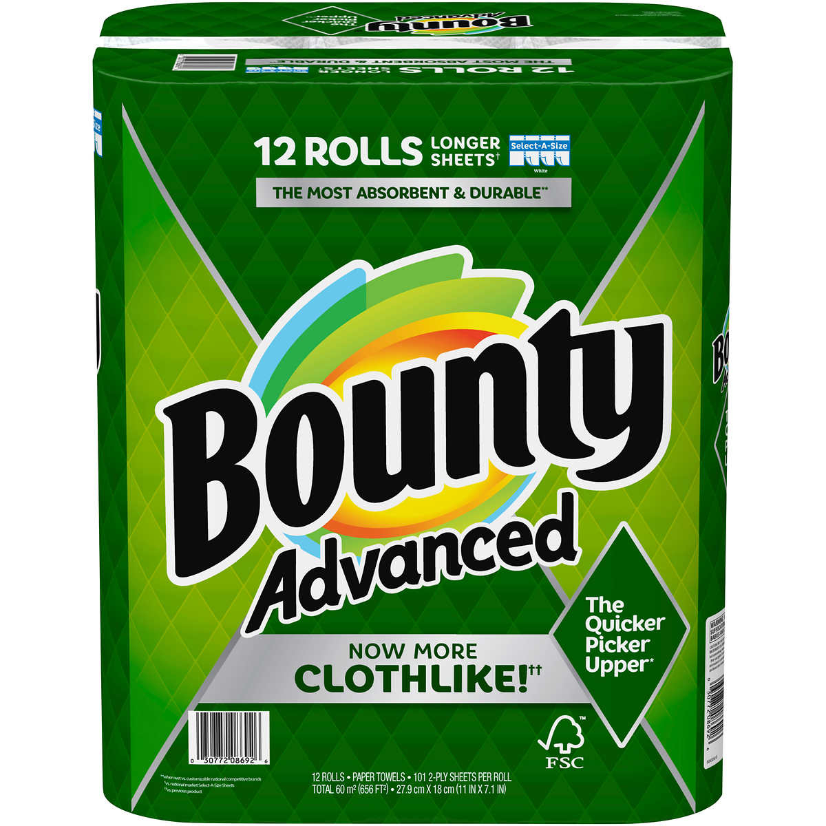 Bounty Advanced 2-Ply Paper Towels, White, 101 Select-A-Size Sheets, 12 Count