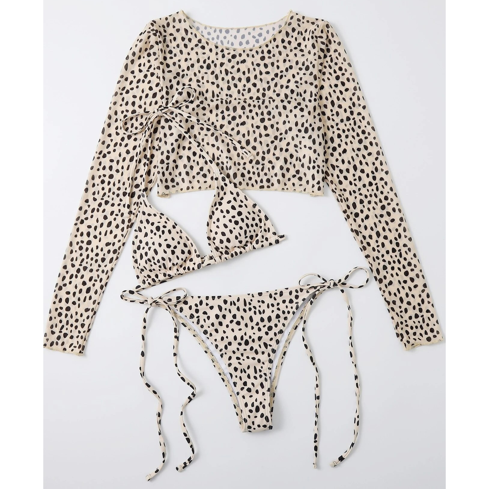3pack Dalmatian Triangle Bikini Swimsuit & Cover Up - Beige, L