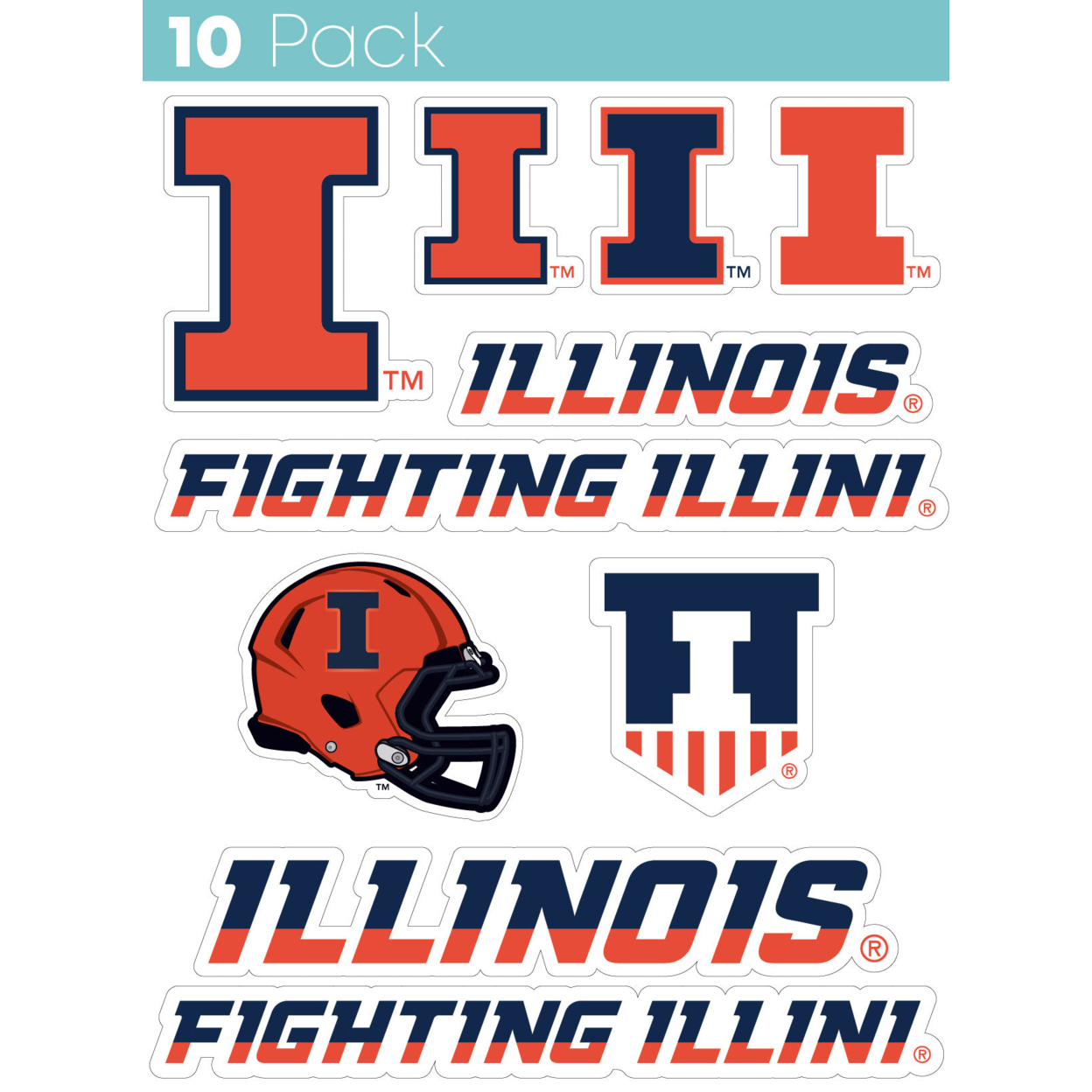 Illinois Fighting Illini 10 Pack Collegiate Vinyl Decal Sticker