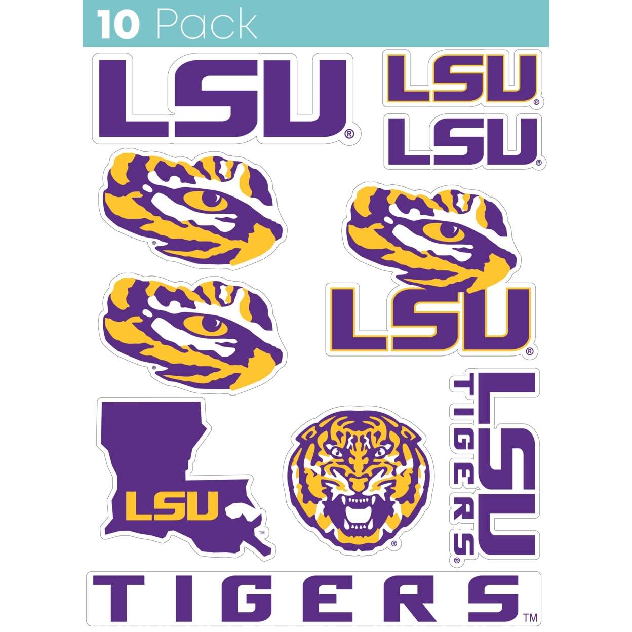 LSU Tigers 10 Pack Collegiate Vinyl Decal Sticker