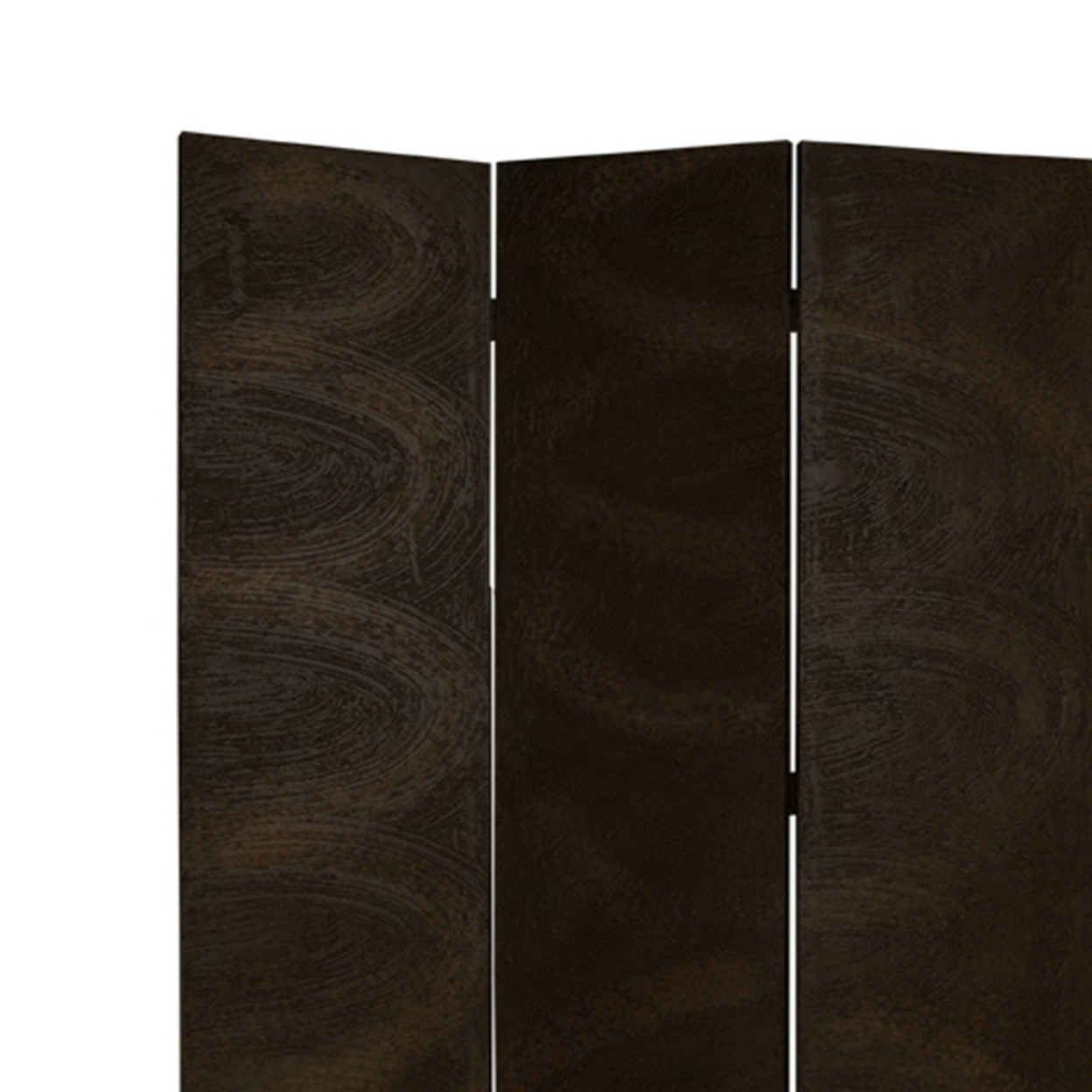 Foldable 3 Panel Canvas Room Divider With Swirl Details, Dark Brown- Saltoro Sherpi