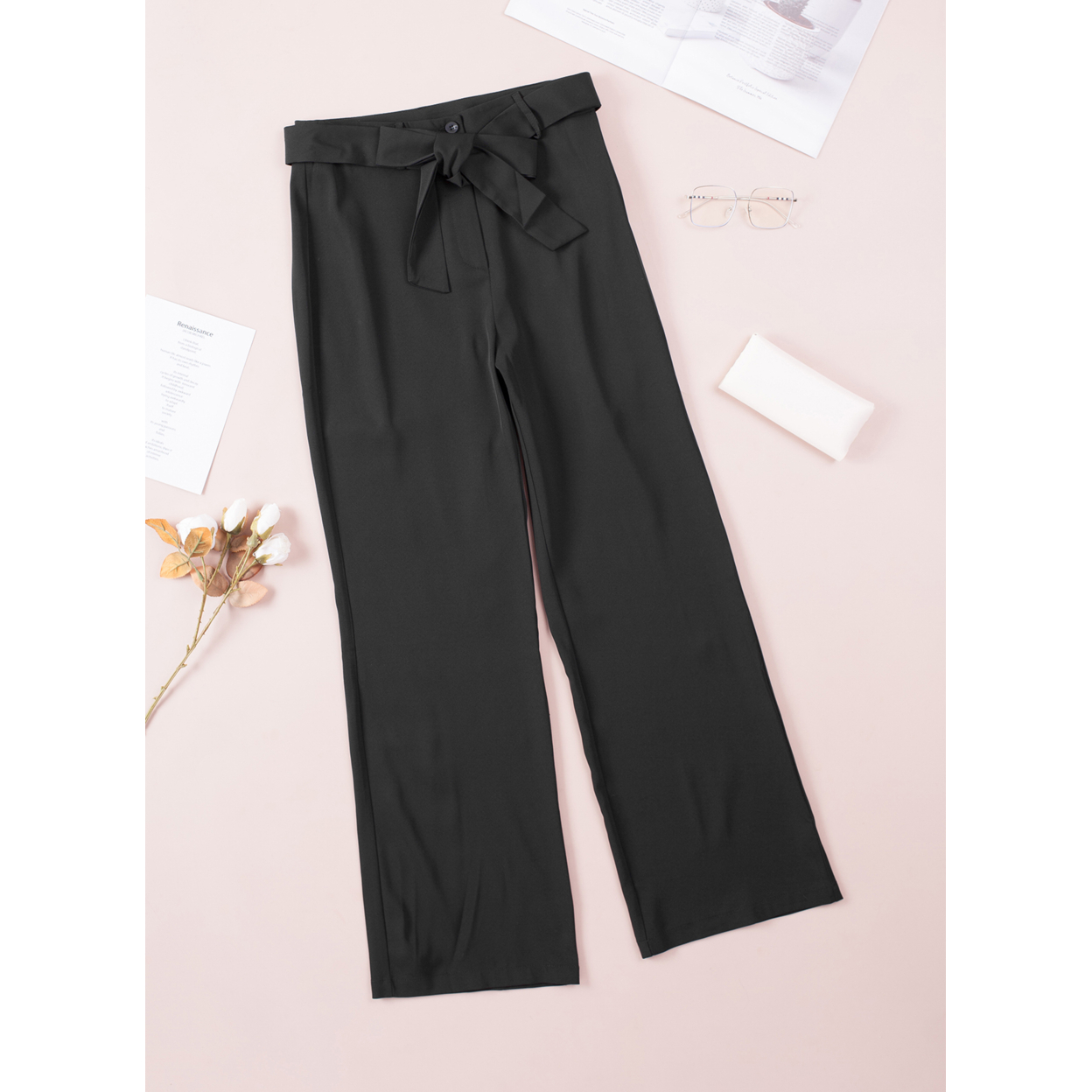 Tie-detail Flared Pants - Black - Ladies