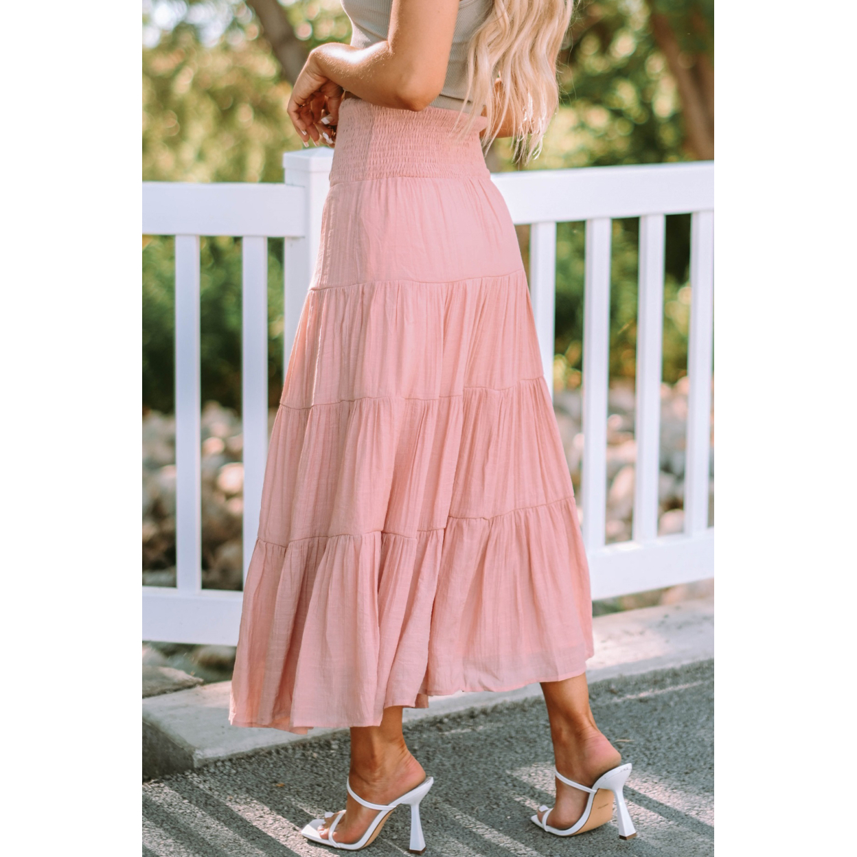 Women's Pink Smocked High Waist Tiered Maxi Skirt | eBay