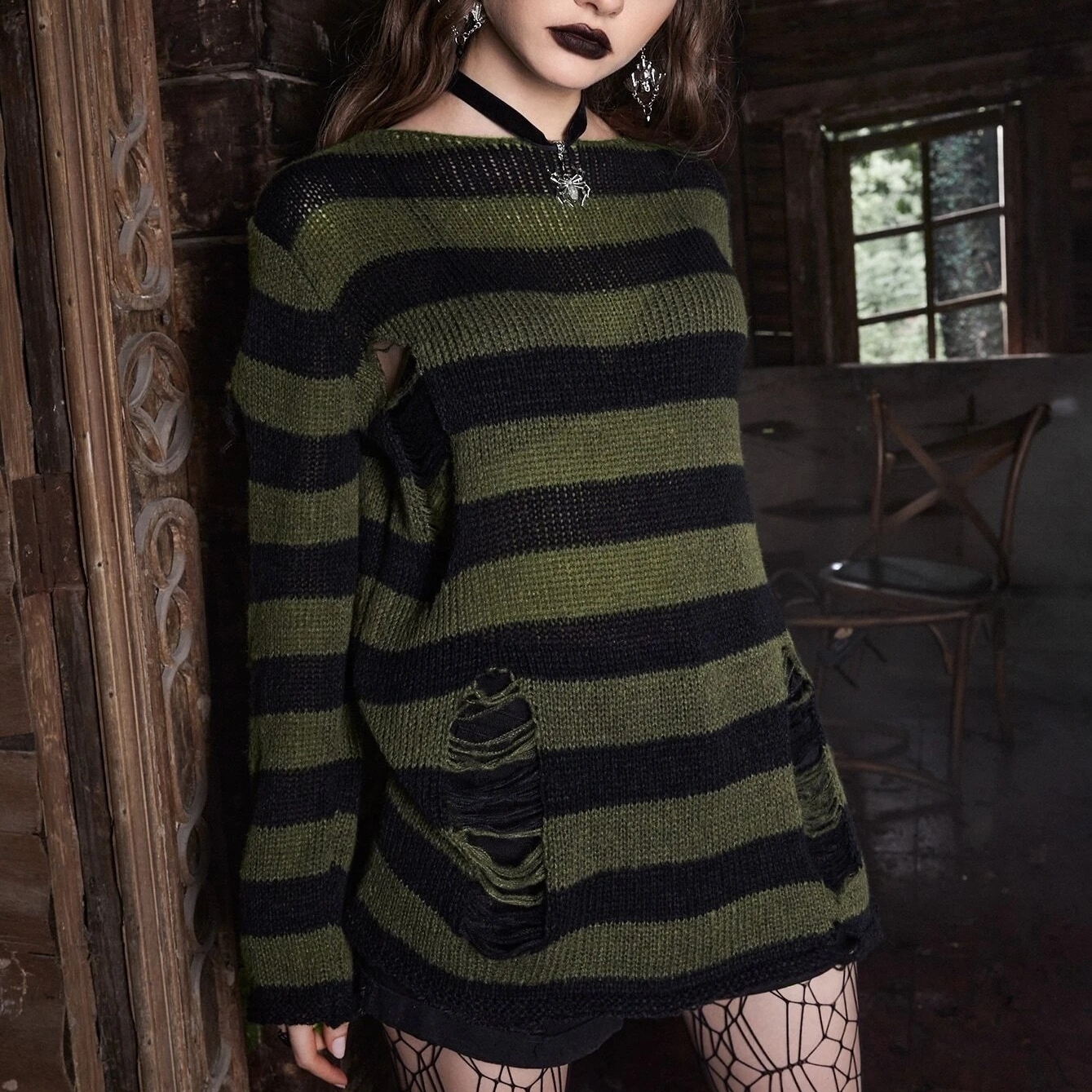 Goth Striped Distressed Sweater - Green, S