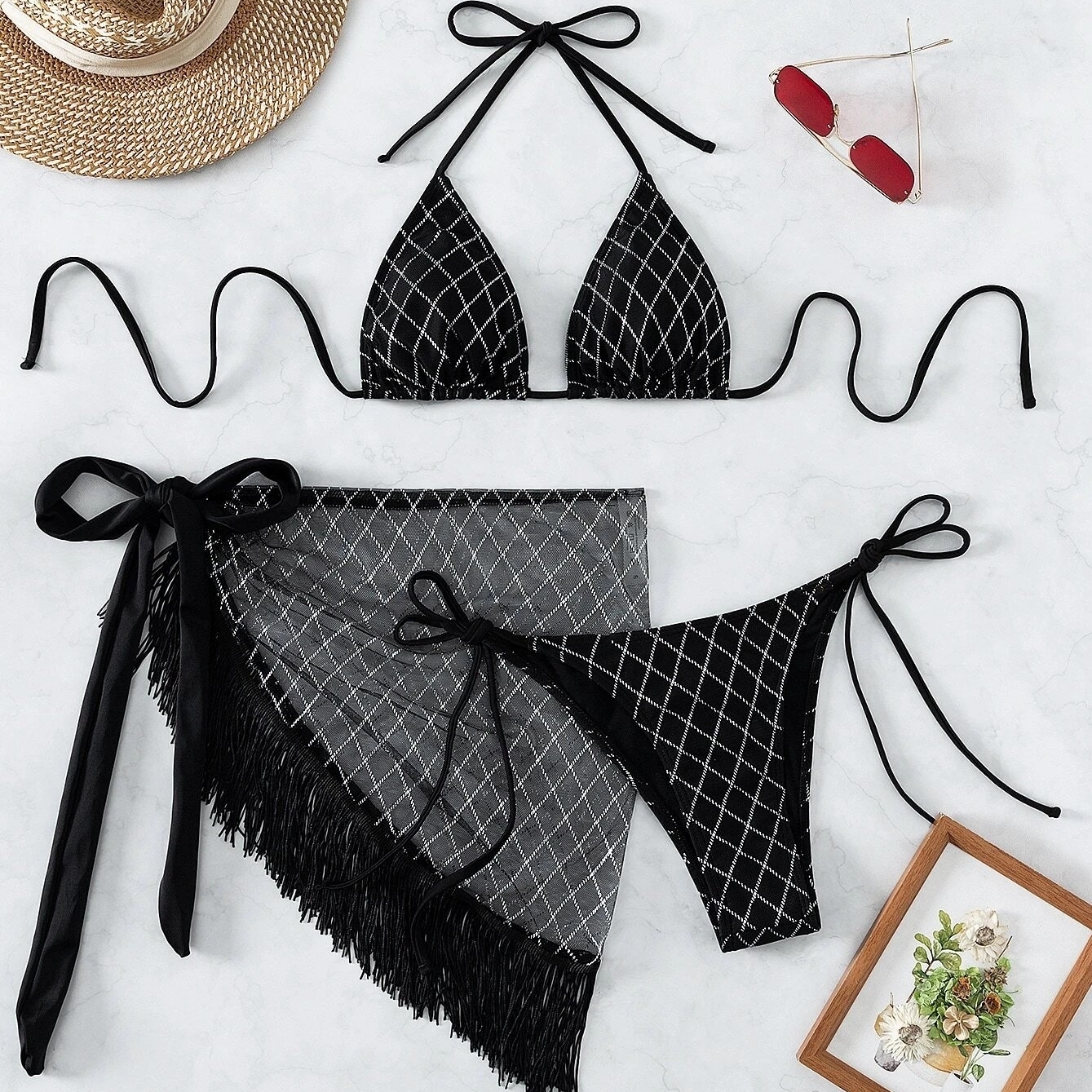 Plaid Print Halter Triangle Bikini Swimsuit With Beach Skirt - S