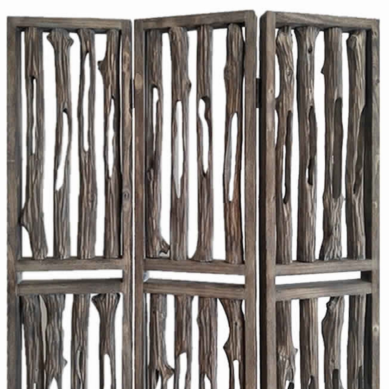 Contemporary 3 Panel Wooden Screen With Log Design, Brown- Saltoro Sherpi