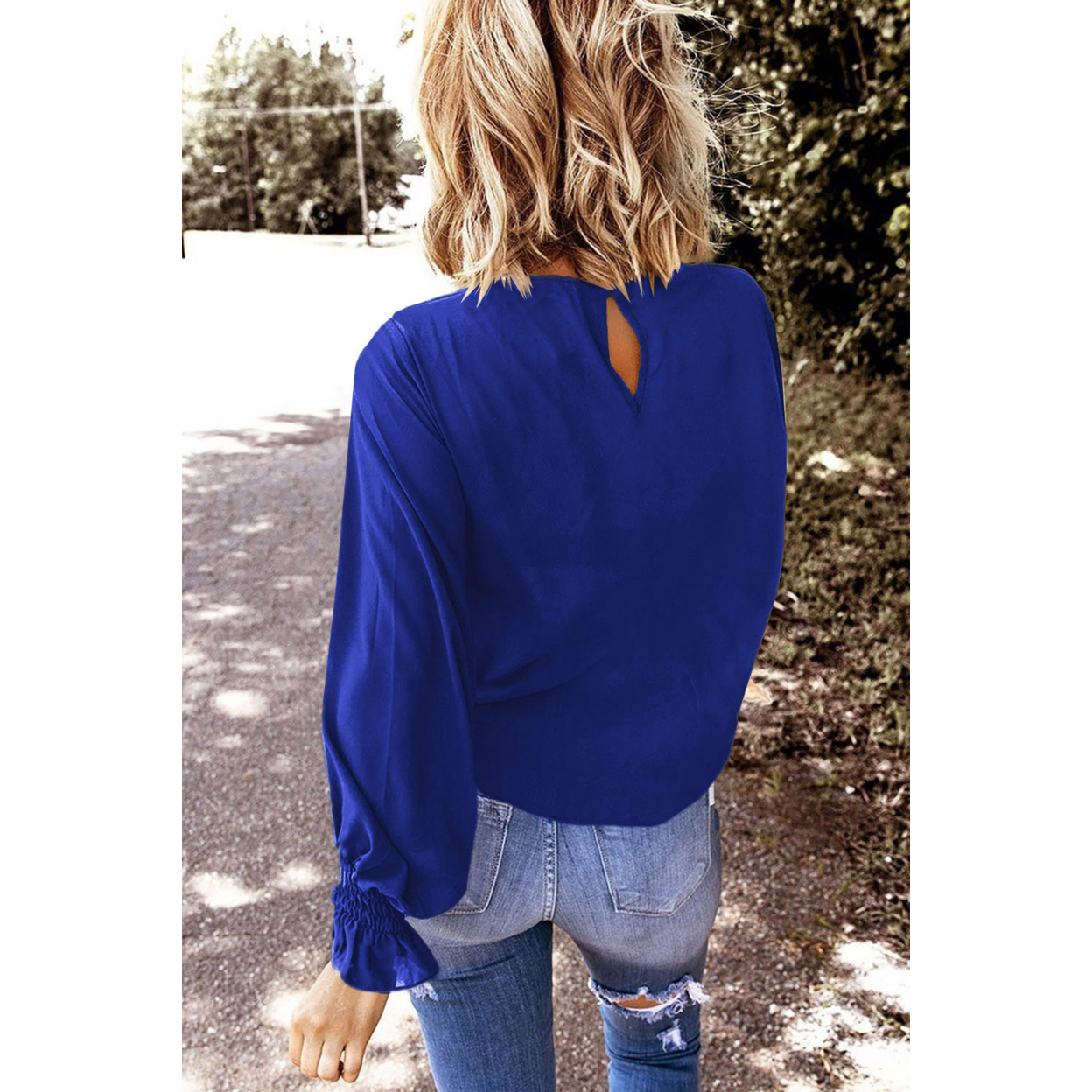 Womens Royal Blue Crew Neck Ruffle Bubble Sleeve Top