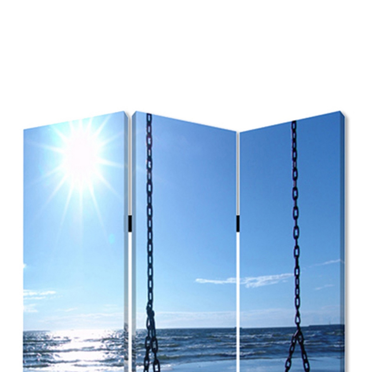 Wooden 3 Panel Room Divider With Seaside Screen Pattern, Blue And Gray- Saltoro Sherpi