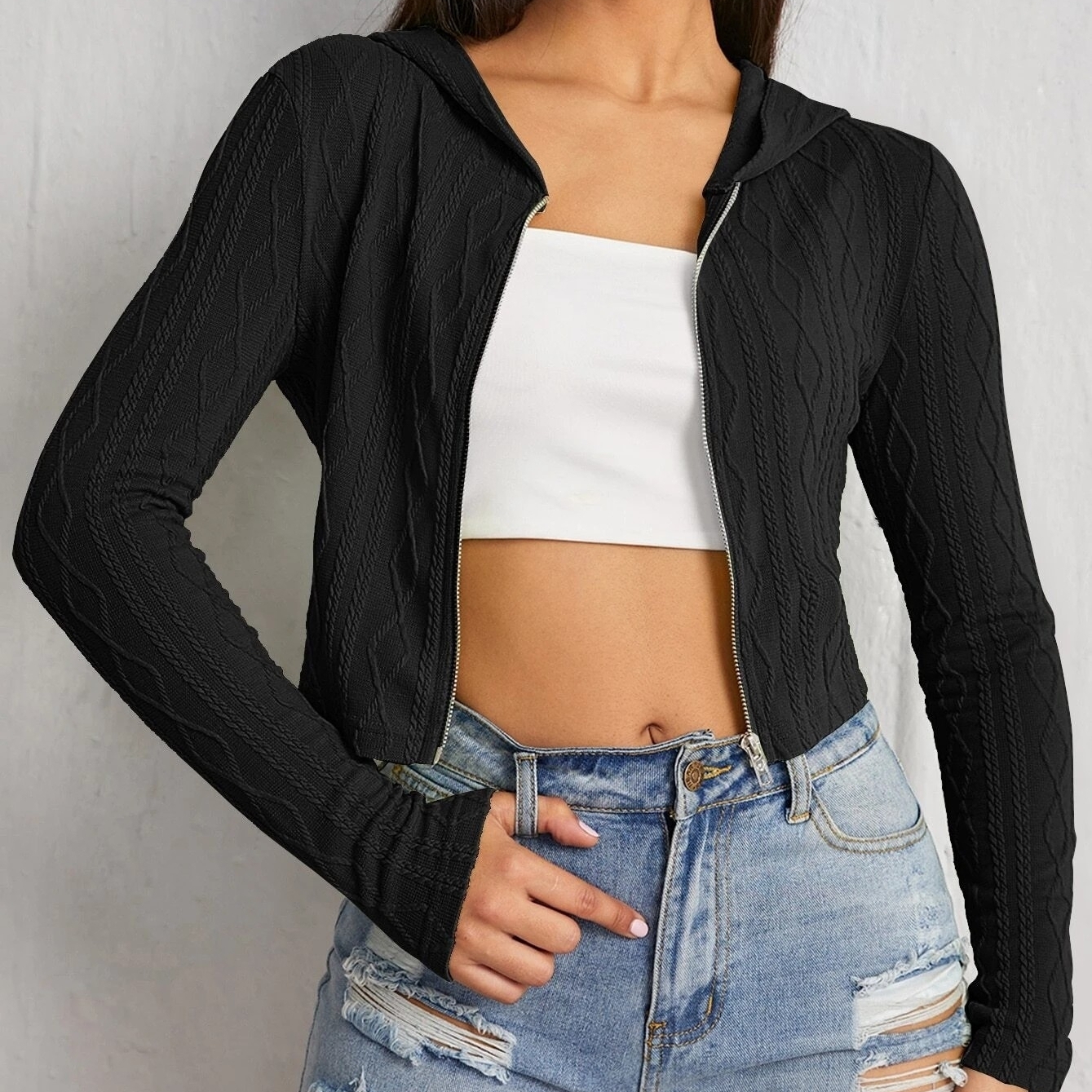 Cable Knit Zipper Crop Hoodie - S