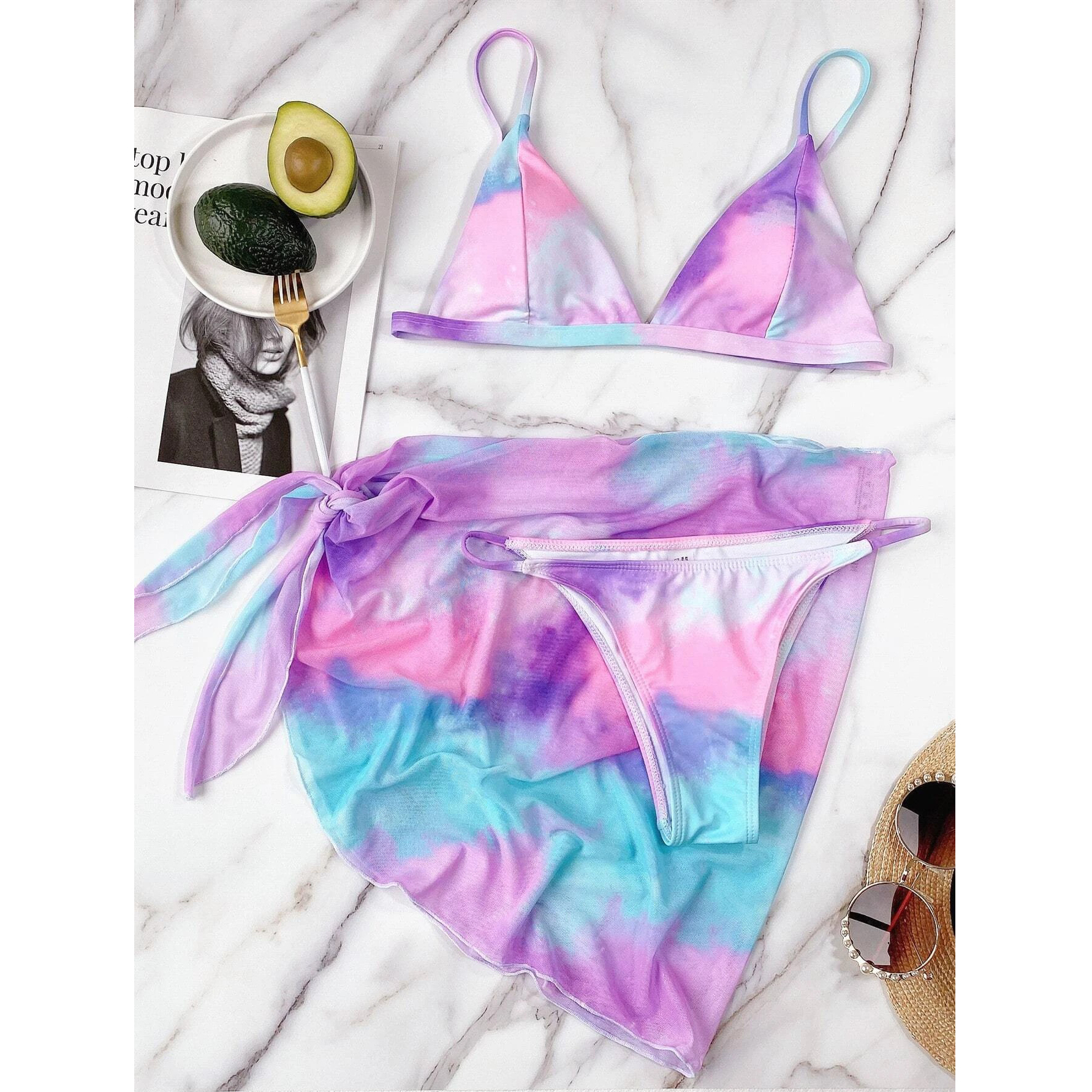 3pack Tie Dye Bikini Swimsuit & Cover Up - L