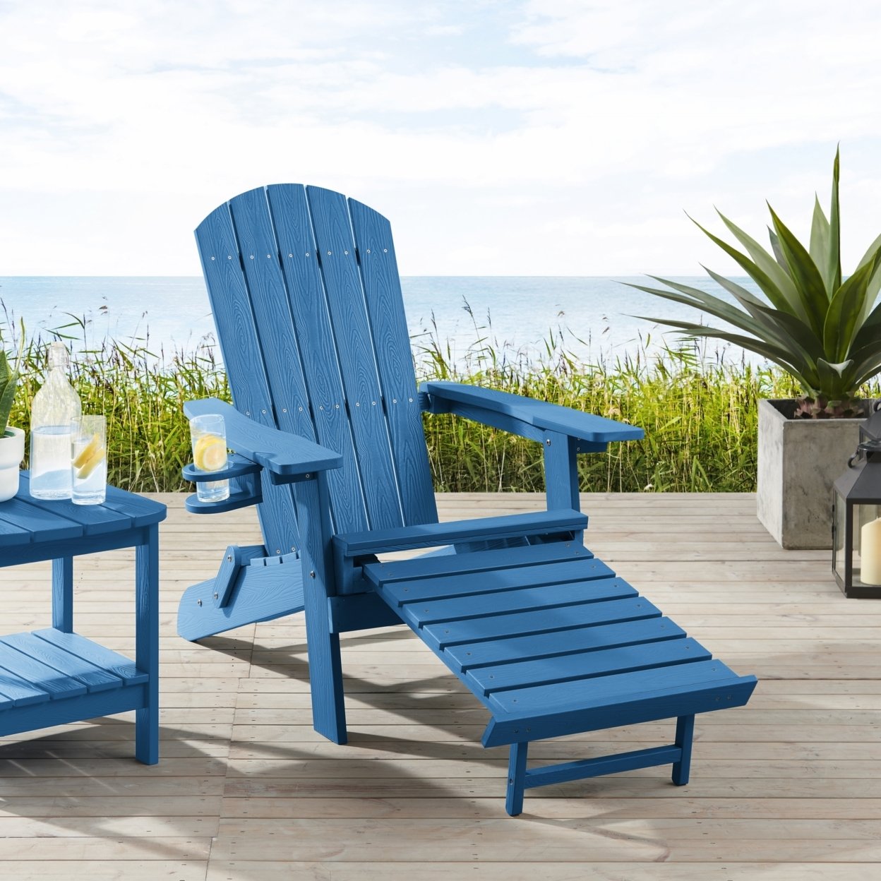 Rider Outdoor Adirondack Chair,Retractable/Pull-out Footrest, Cup Holder - Teal