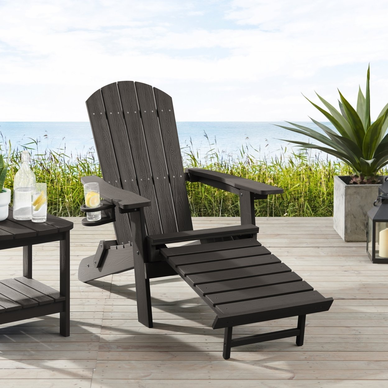 Rider Outdoor Adirondack Chair,Retractable/Pull-out Footrest, Cup Holder - Black