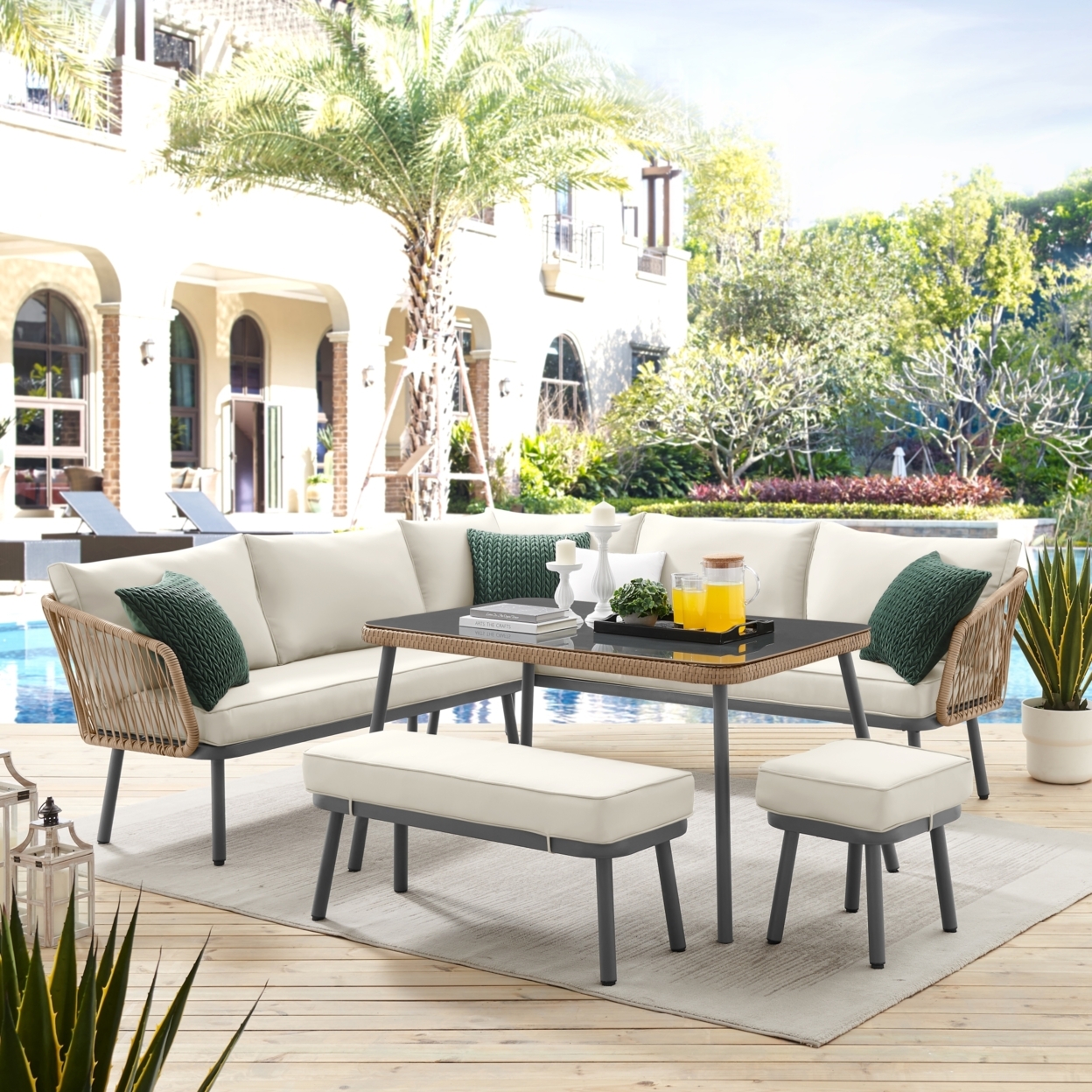 Jaycen Outdoor - Set Includes: 2 Sofas, 1 Bench, 1 Stool/Ottoman, 1 Table - Sand