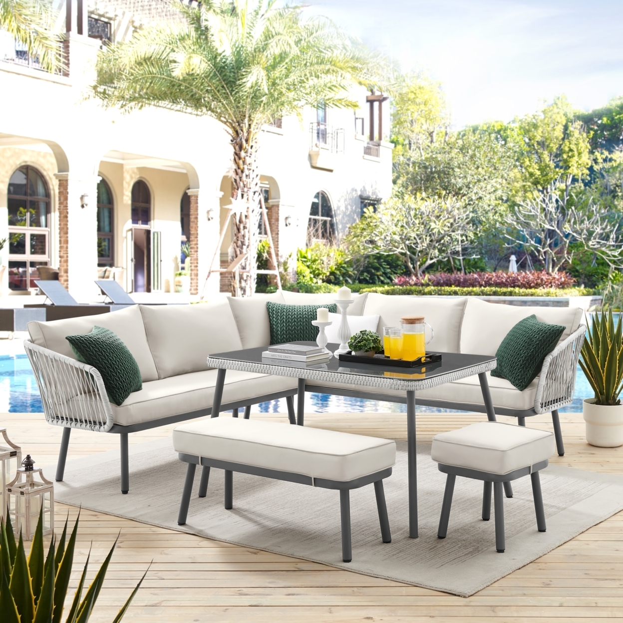 Jaycen Outdoor - Set Includes: 2 Sofas, 1 Bench, 1 Stool/Ottoman, 1 Table - Sand