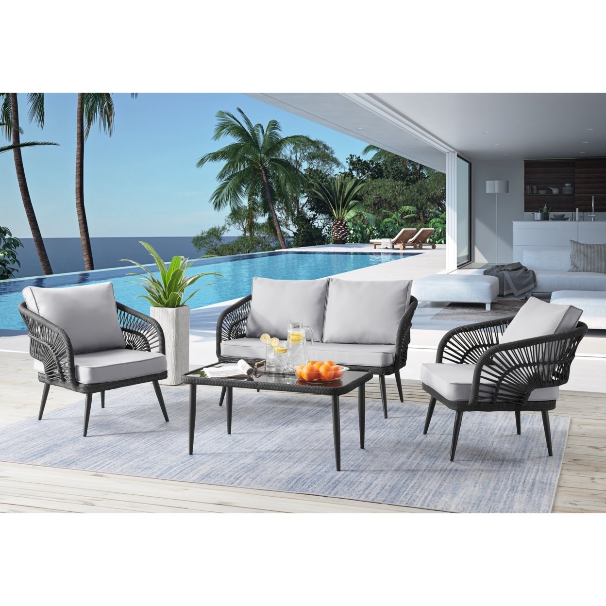 Javien Outdoor Set -All-Weather Faux Rattan Wicker Design, Removable And Washable Cushions - Black/4 Seating