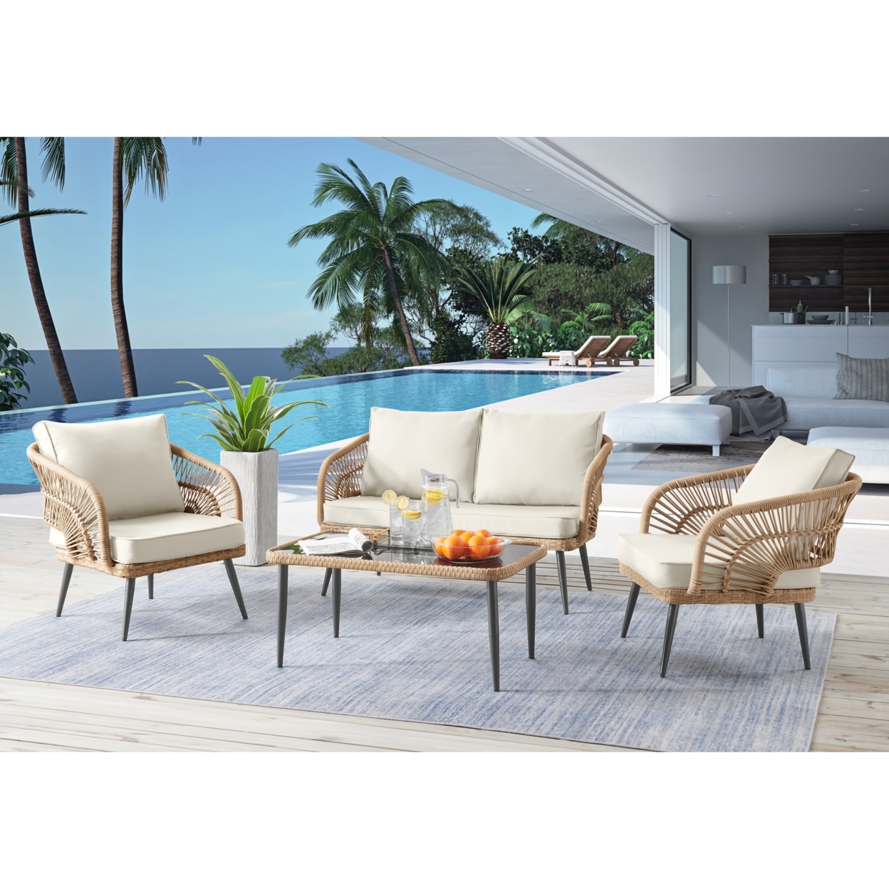 Javien Outdoor Set -All-Weather Faux Rattan Wicker Design, Removable And Washable Cushions - Teak/4 Seating