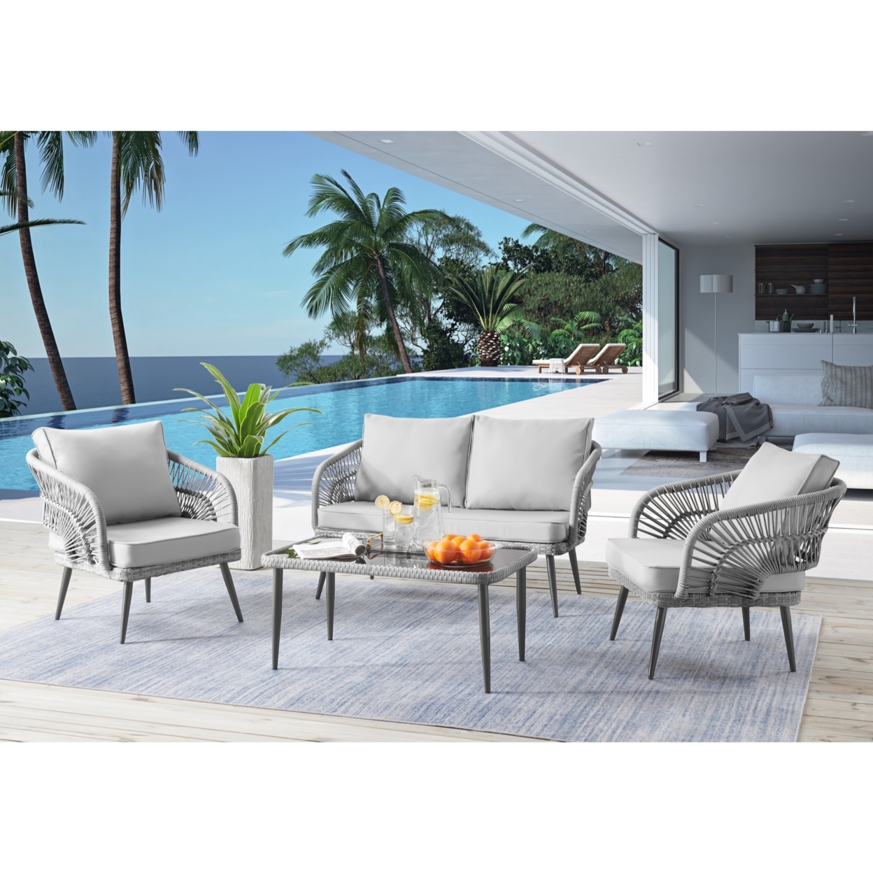 Javien Outdoor Set -All-Weather Faux Rattan Wicker Design, Removable And Washable Cushions - Light Grey/4 Seating