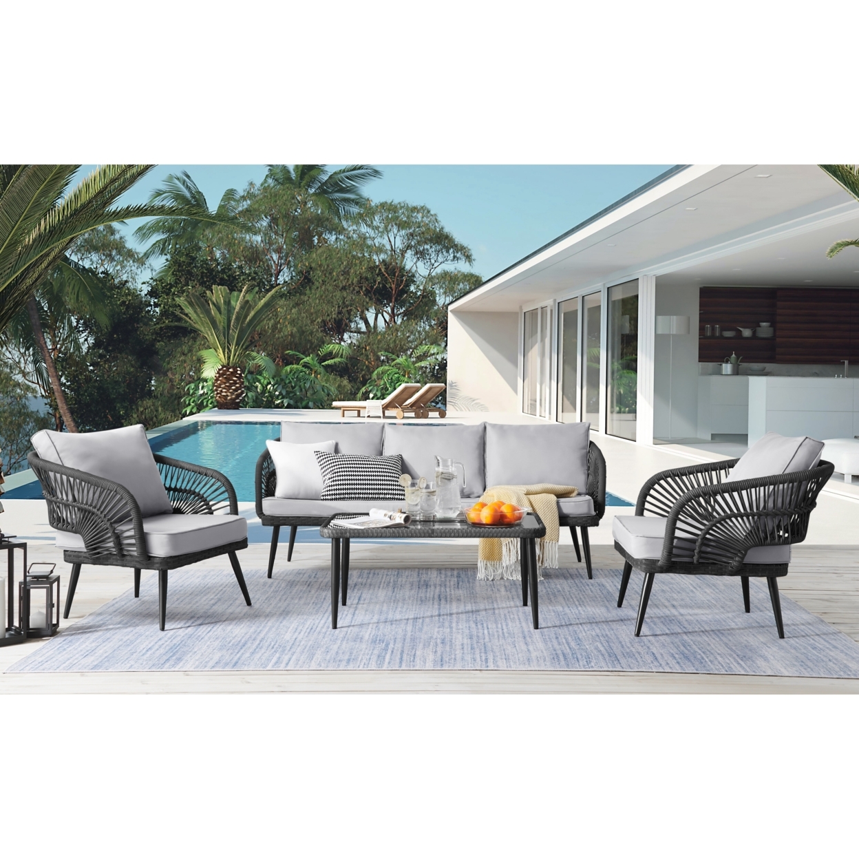 Javien Outdoor Set -All-Weather Faux Rattan Wicker Design, Removable And Washable Cushions - Black/5 Seating