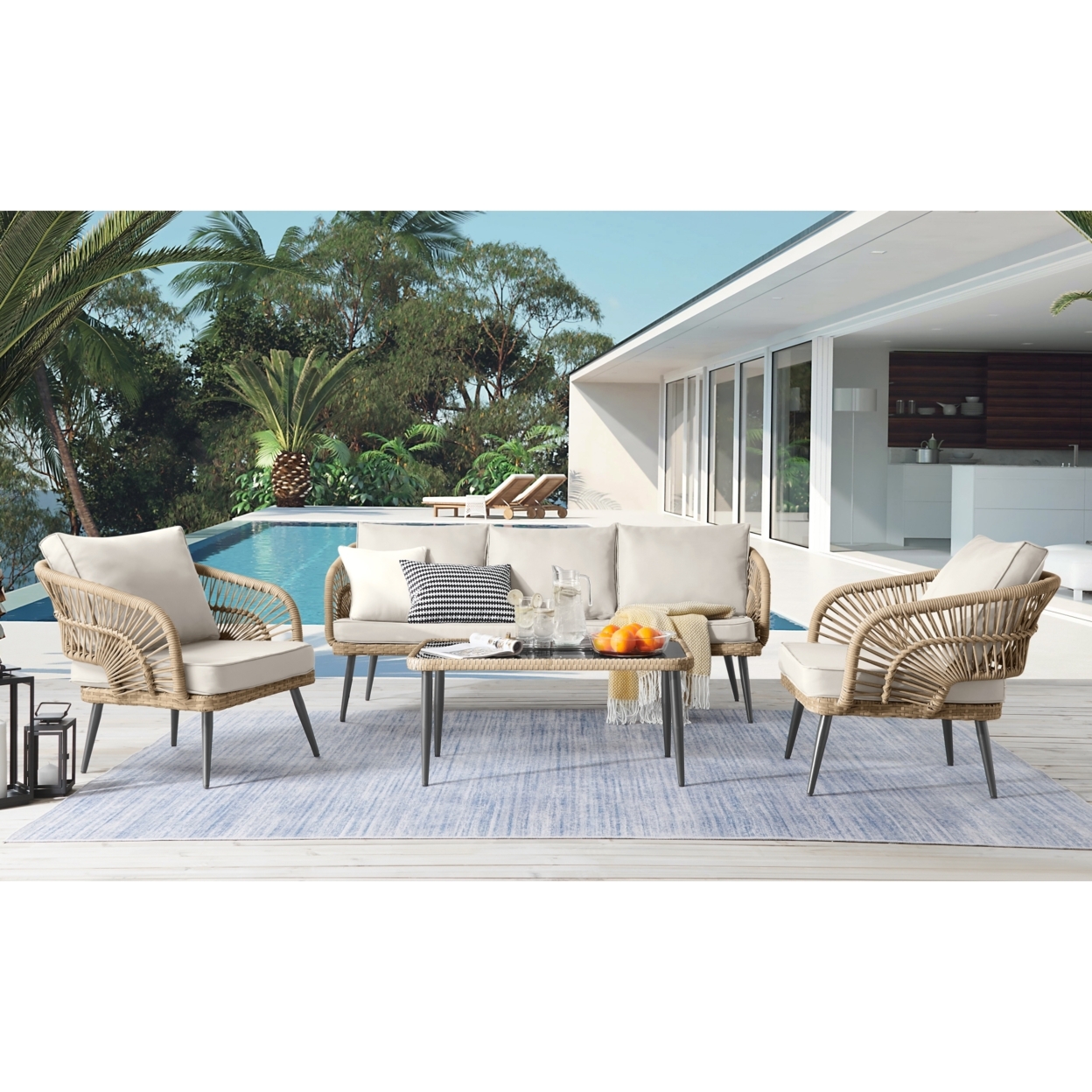 Javien Outdoor Set -All-Weather Faux Rattan Wicker Design, Removable And Washable Cushions - Teak/5 Seating
