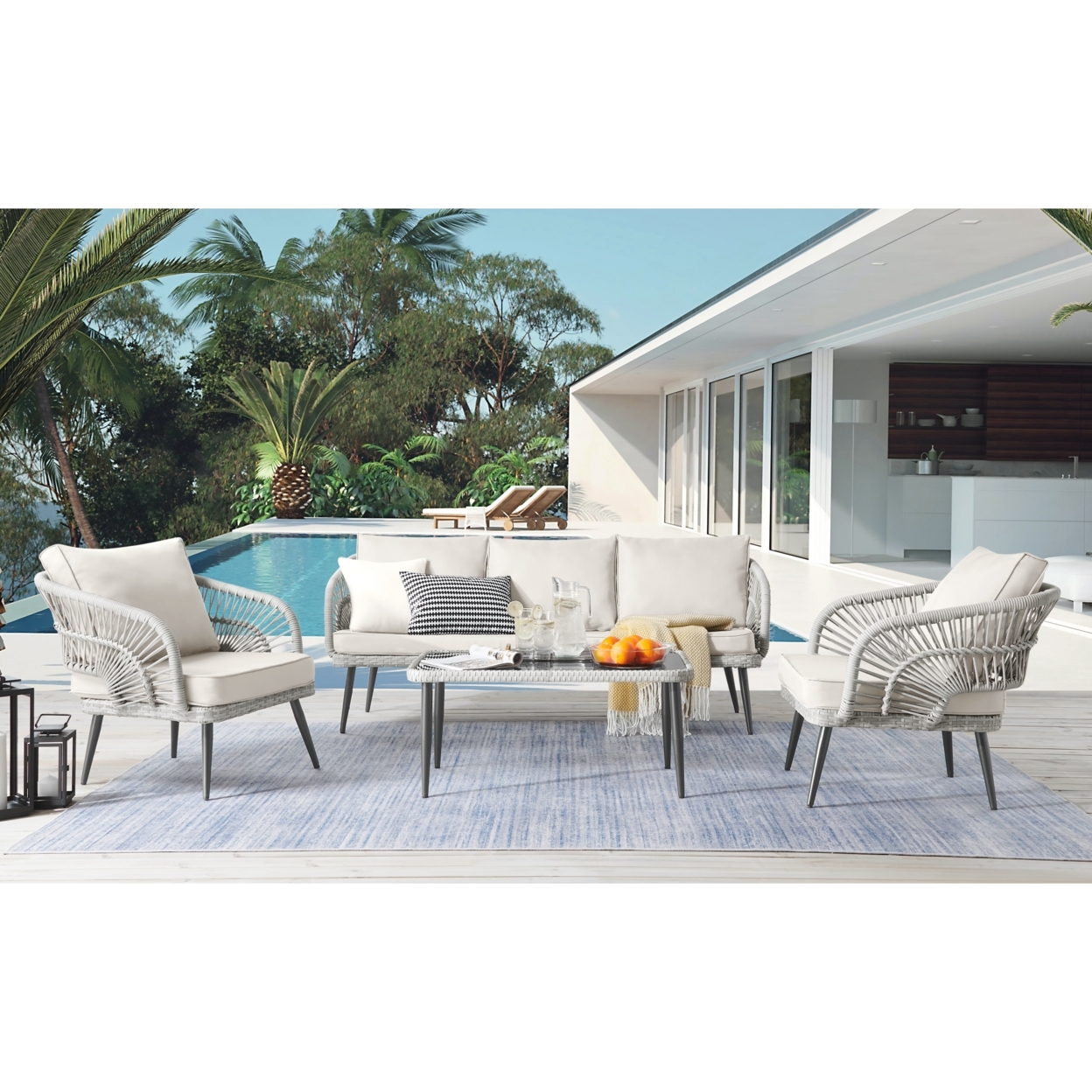 Javien Outdoor Set -All-Weather Faux Rattan Wicker Design, Removable And Washable Cushions - Sand/5 Seating