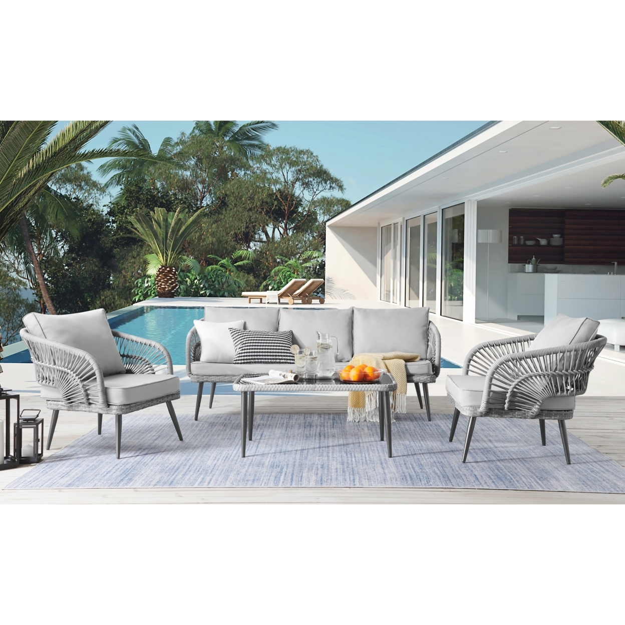 Javien Outdoor Set -All-Weather Faux Rattan Wicker Design, Removable And Washable Cushions - Light Grey/5 Seating