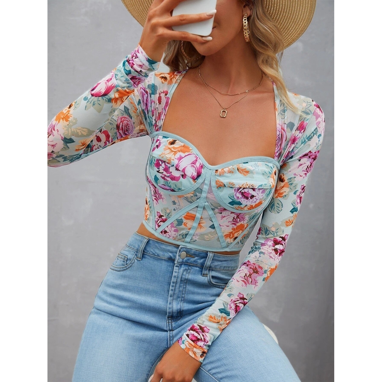 Floral Print Contrast Piping Mesh Crop Top - Blue, S