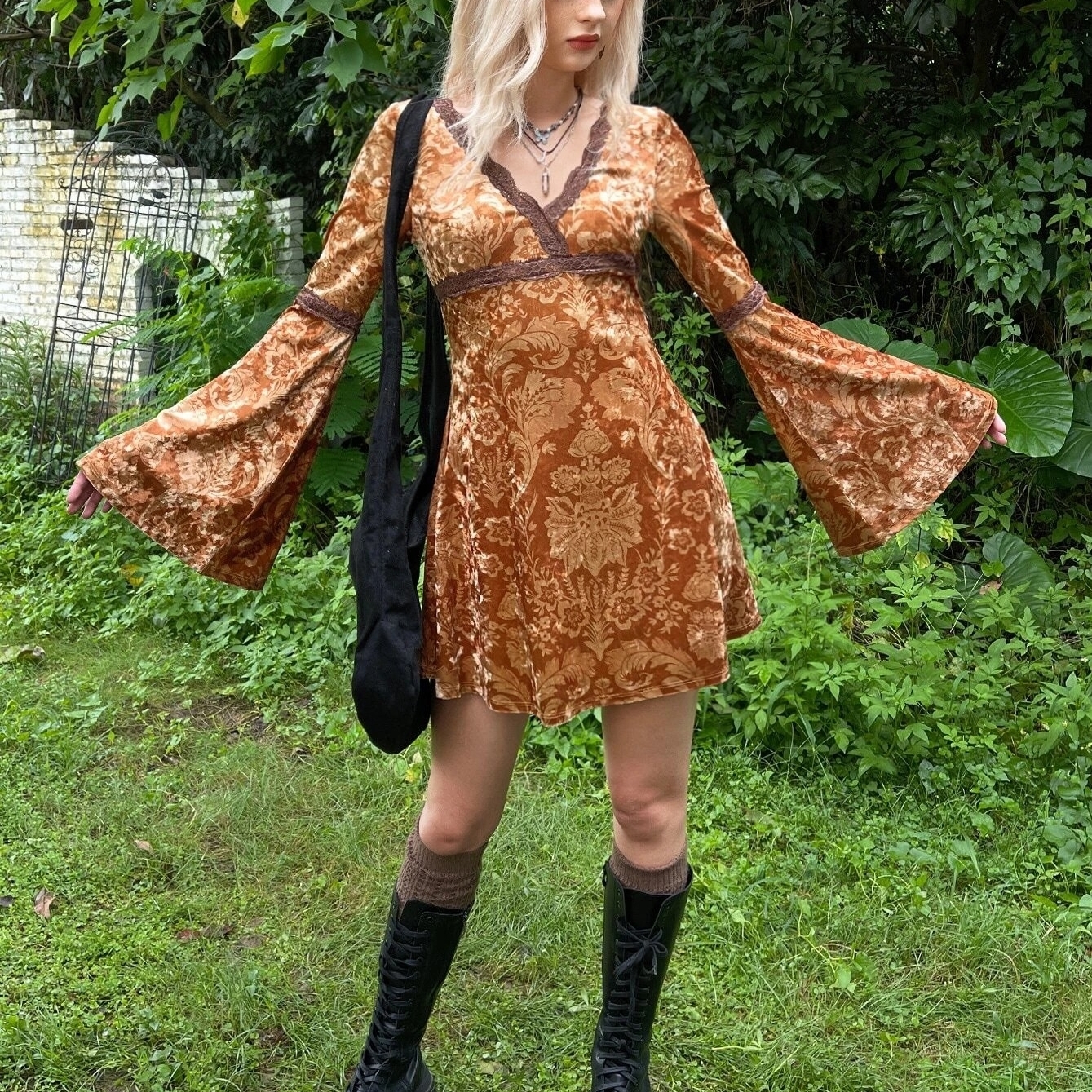 Grunge Floral Print Lace Trim Flounce Sleeve Dress - L